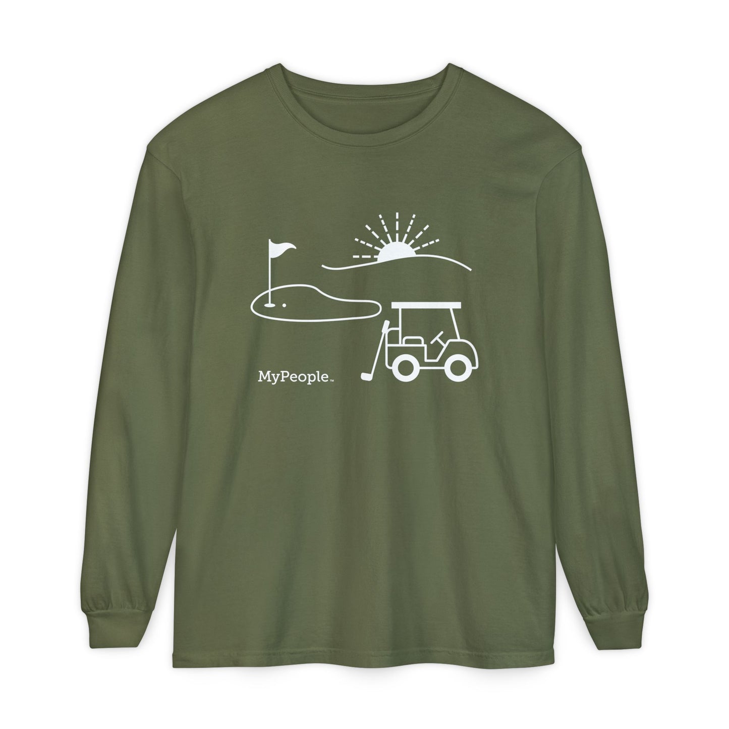 Line illustration of a golf cart, club, and green with a setting sun, with the word MyPeople underneath on a unisex garment.