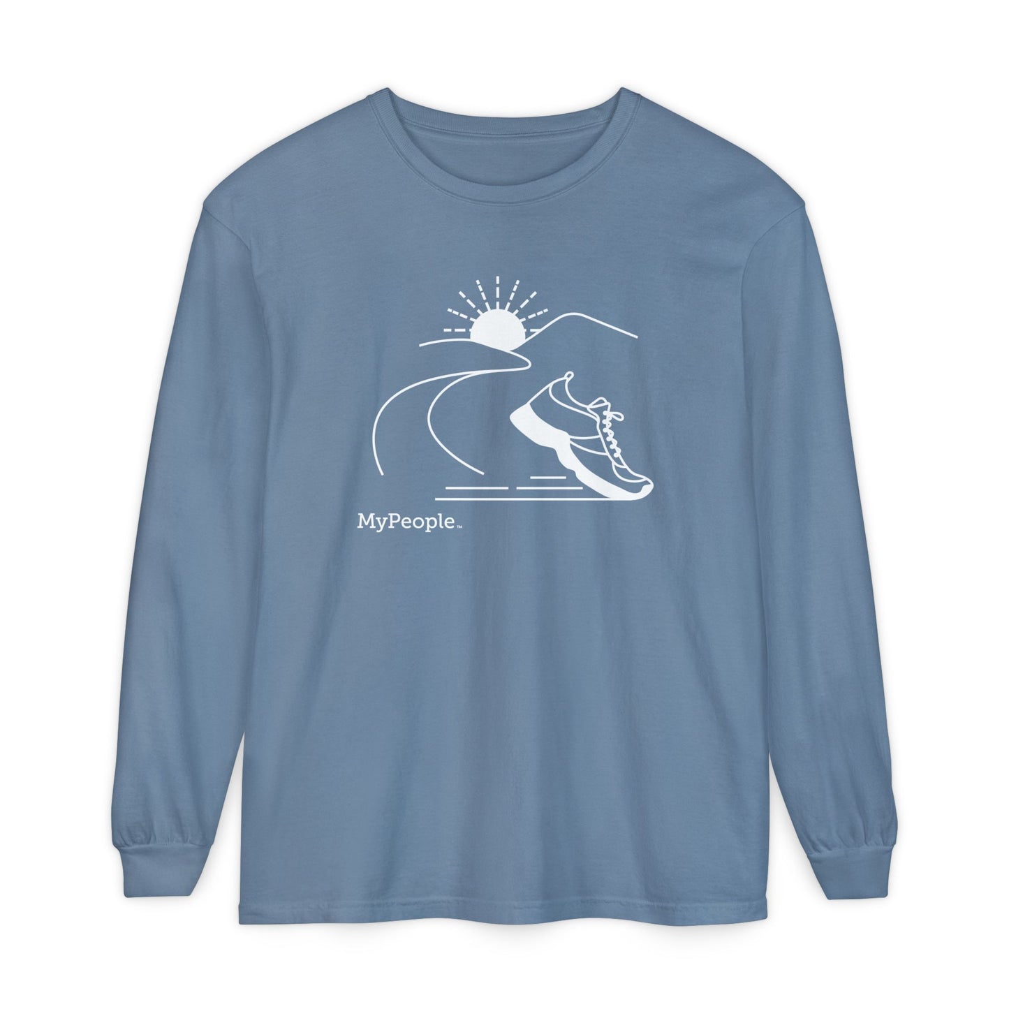 Line illustration of a running shoe with a road leading to mountains and a setting sun, with the word MyPeople underneath on a unisex garment.