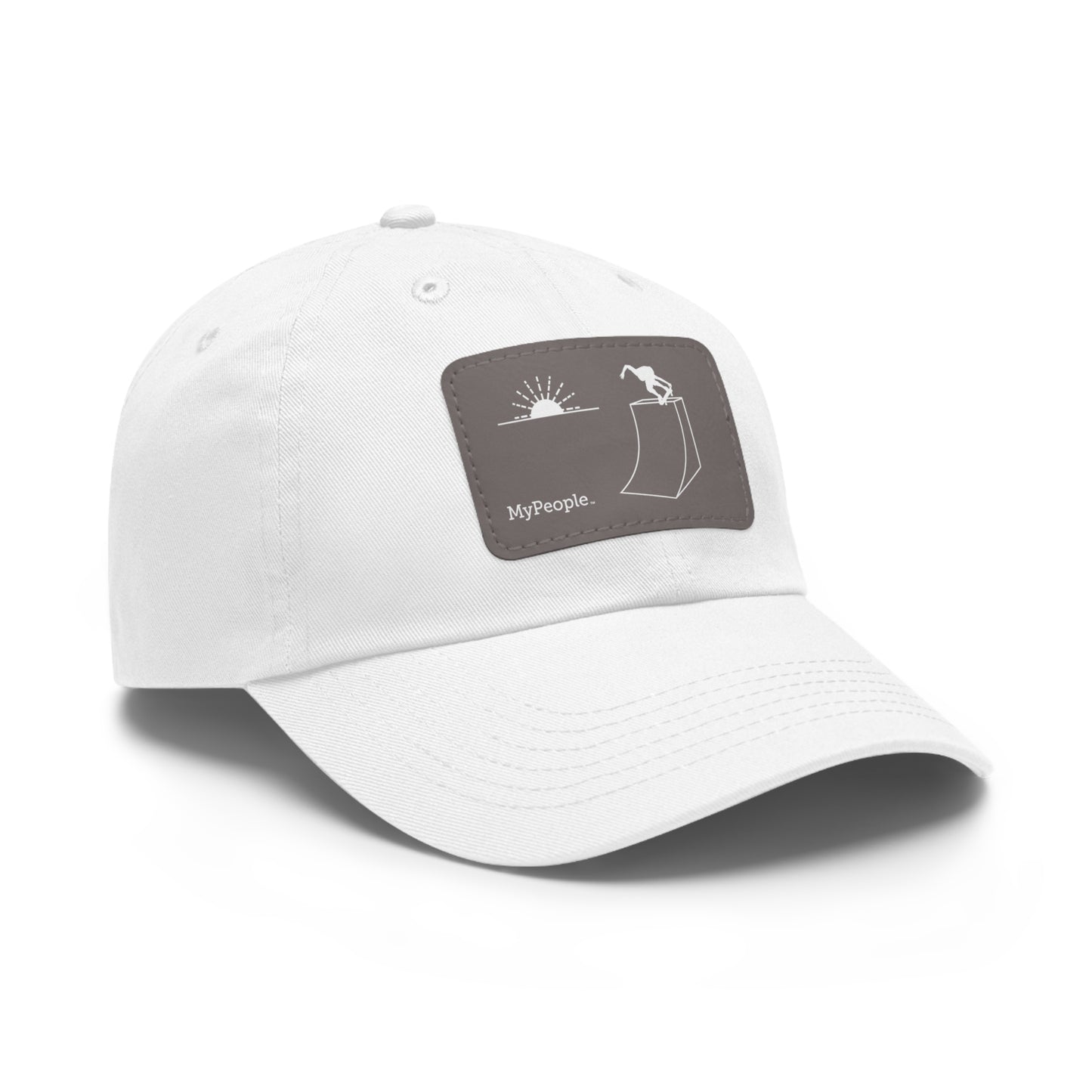 Angled view of a hat with a leather patch printed with the MyPeople Skating line illustration.
