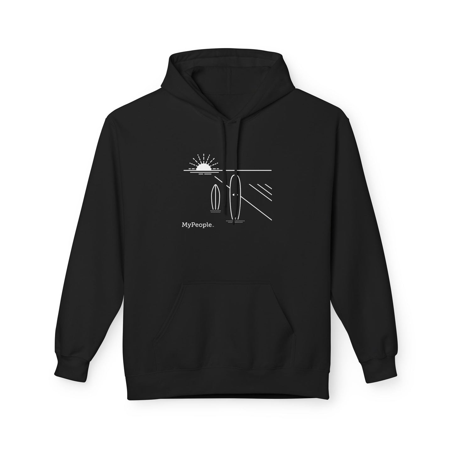 line illustration of two surfboards standing upright in the sand with a setting sun behind, with the word MyPeople underneath on a unisex hoodie.