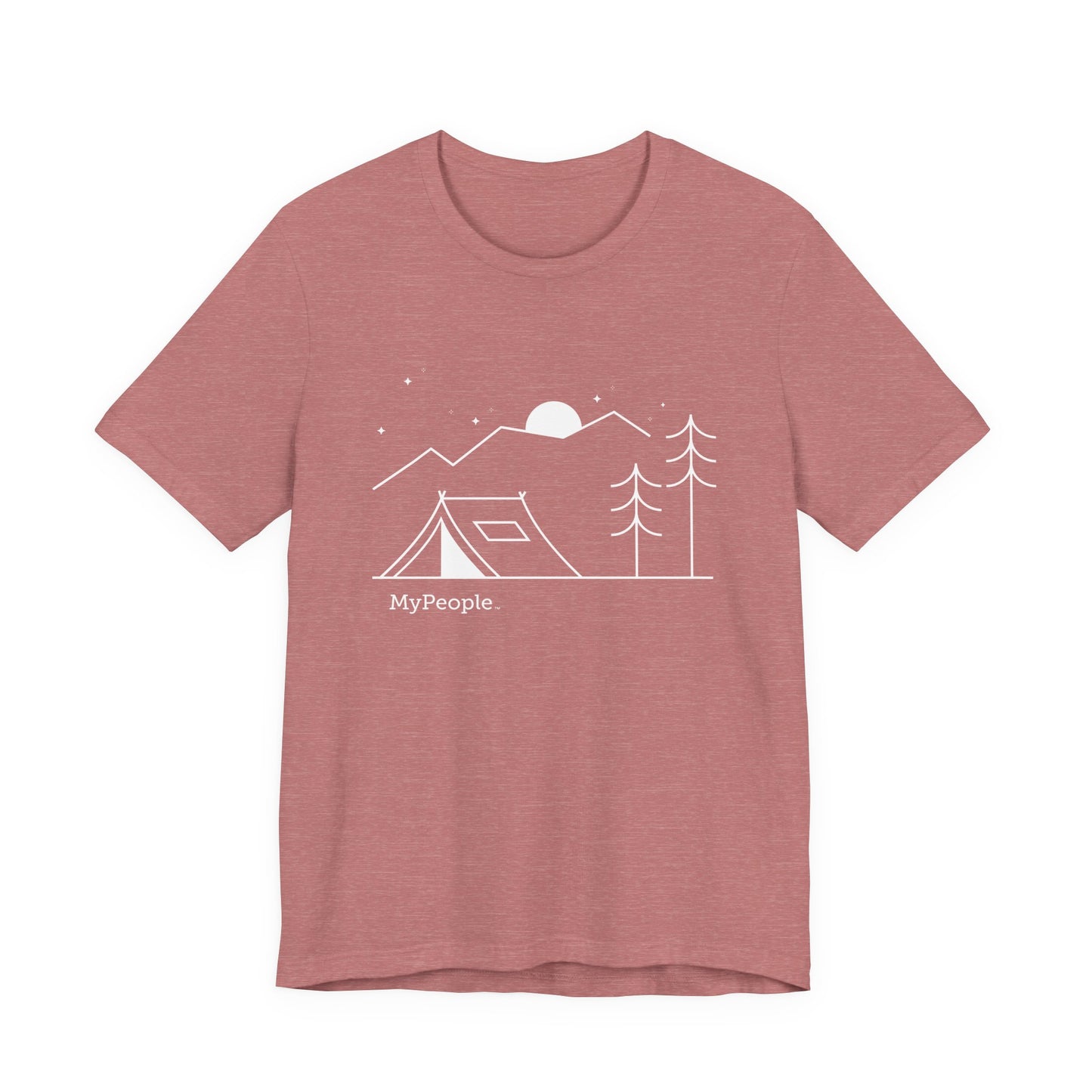 line illustration of a small tent beside a tree with mountains, stars, and a moon in the night sky, with the word MyPeople underneath on a unisex t-shirt.