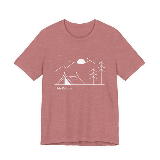 line illustration of a small tent beside a tree with mountains, stars, and a moon in the night sky, with the word MyPeople underneath on a unisex t-shirt.