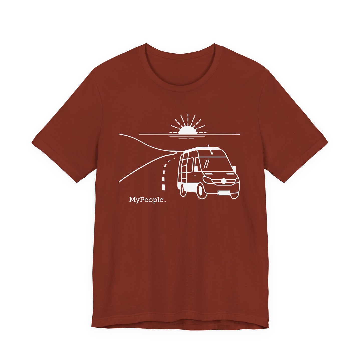 Line illustration of a camper van on a highway with a setting sun, with the word MyPeople underneath on a unisex garment.