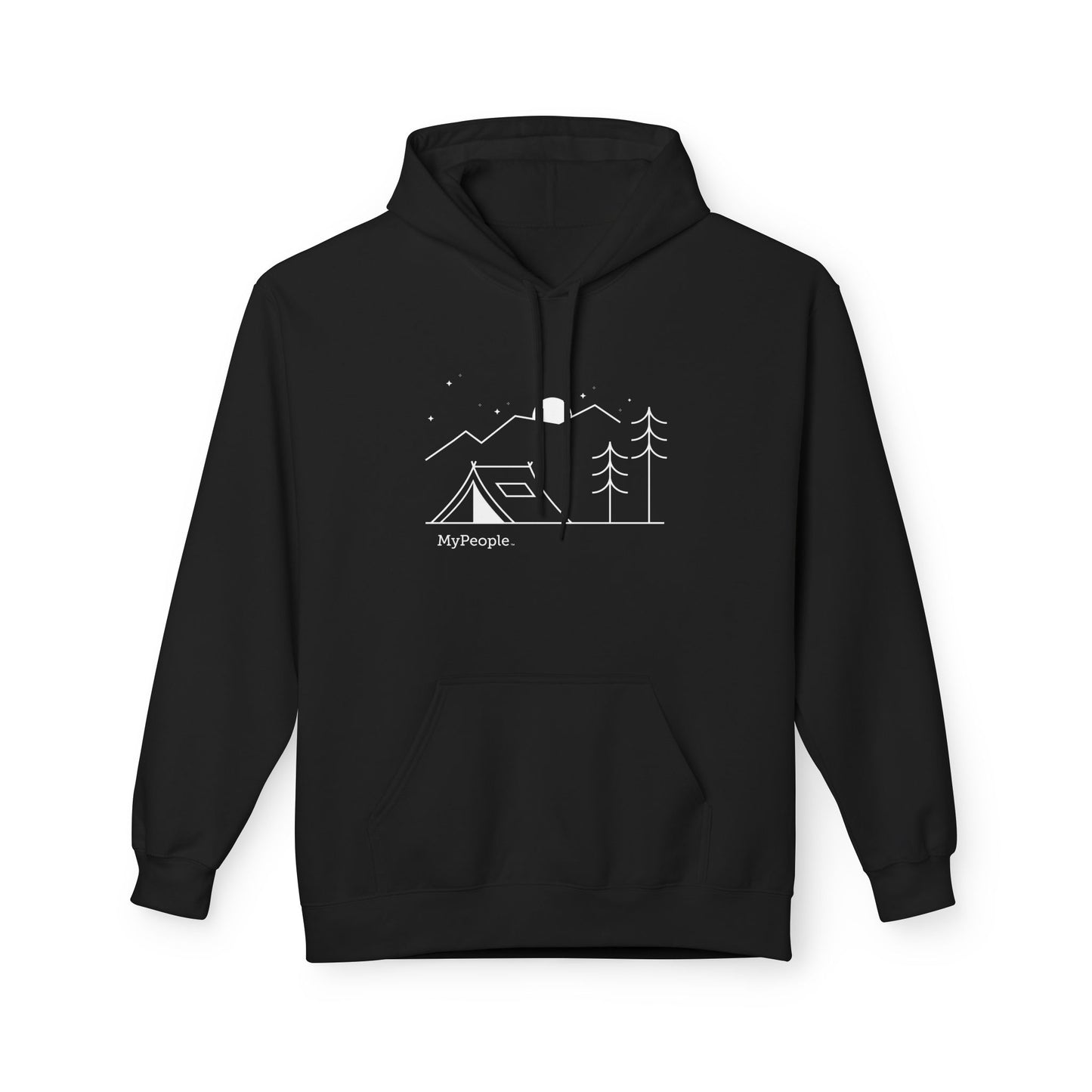 line illustration of a small tent beside a tree with mountains, stars, and a moon in the night sky, with the word MyPeople underneath on a unisex hoodie.