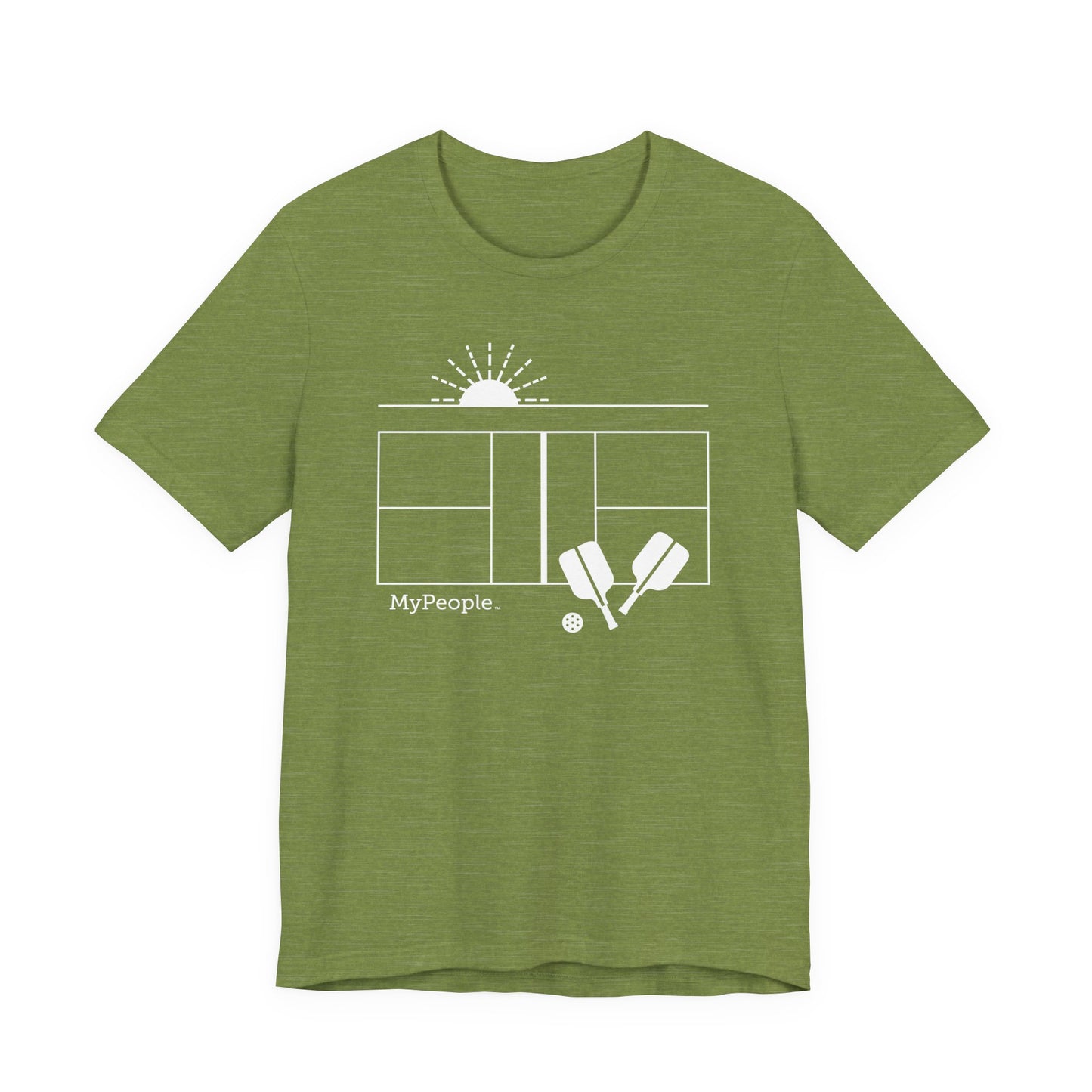 Line illustration of a pickleball court with paddles, a ball, and a setting sun, with the word MyPeople underneath on a unisex garment.