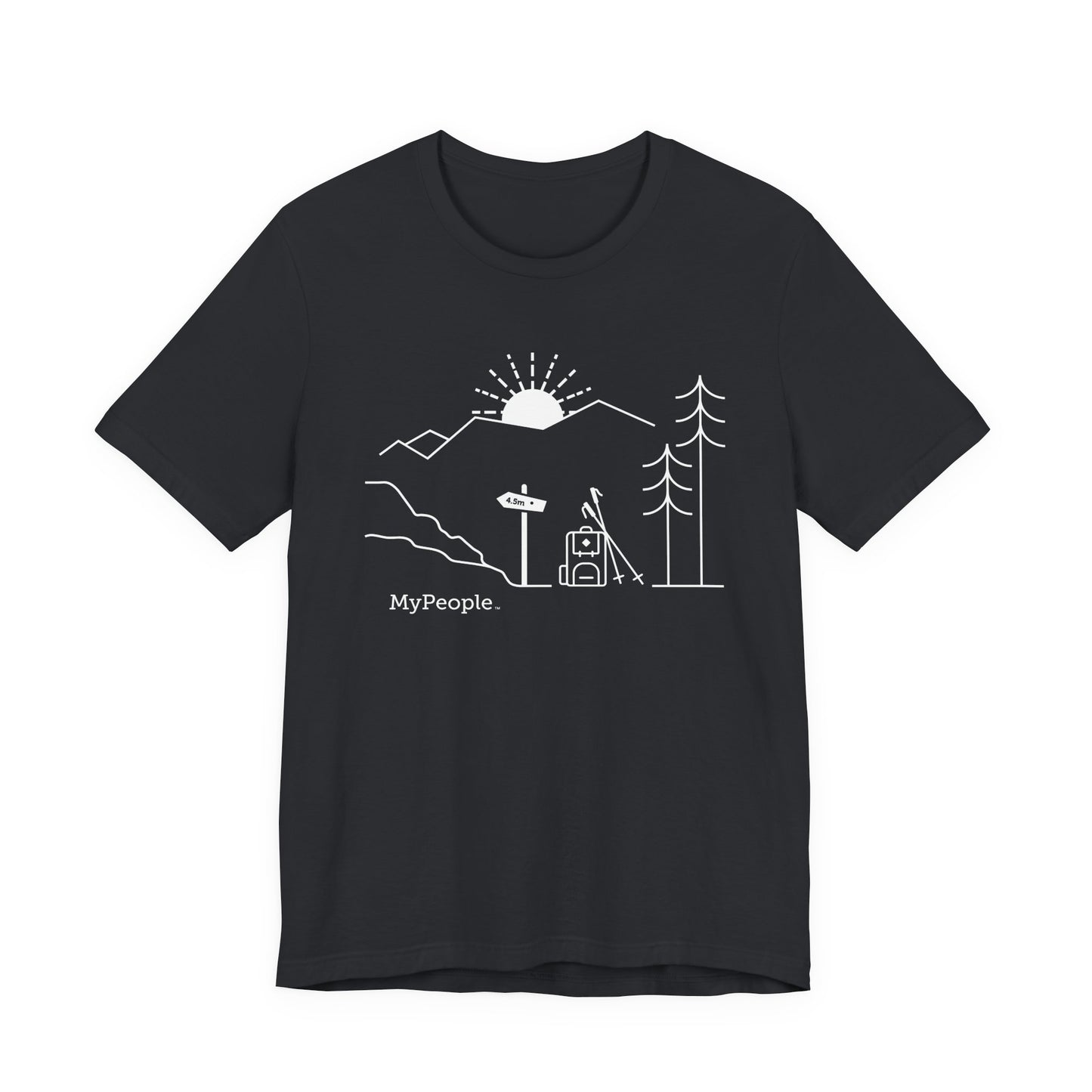 Line illustration of a backpack and hiking poles beside a trail sign with mountains and a setting sun, with the word MyPeople underneath on a unisex garment.