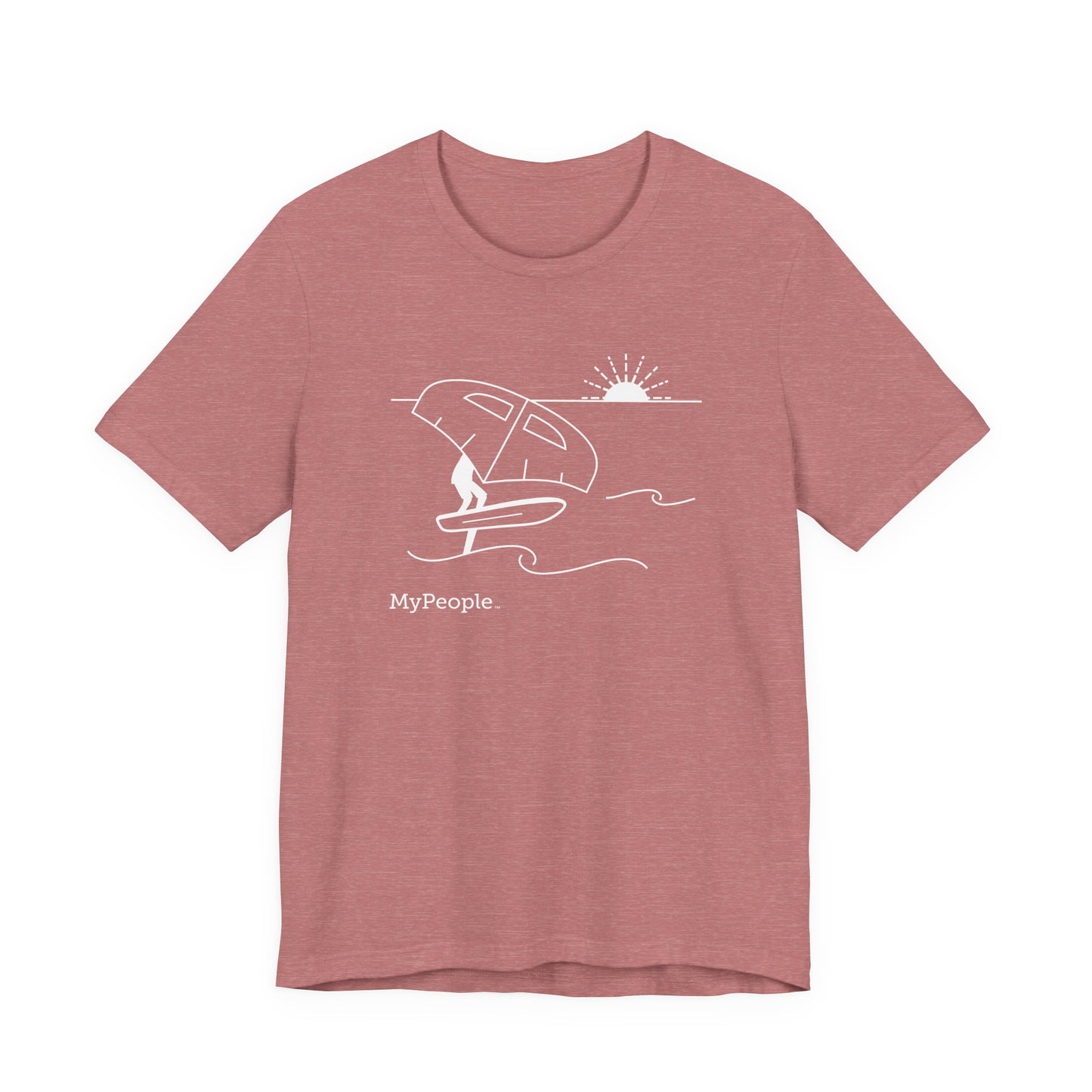 Line illustration of a person wing foiling on the water with a setting sun, with the word MyPeople underneath on a unisex garment.