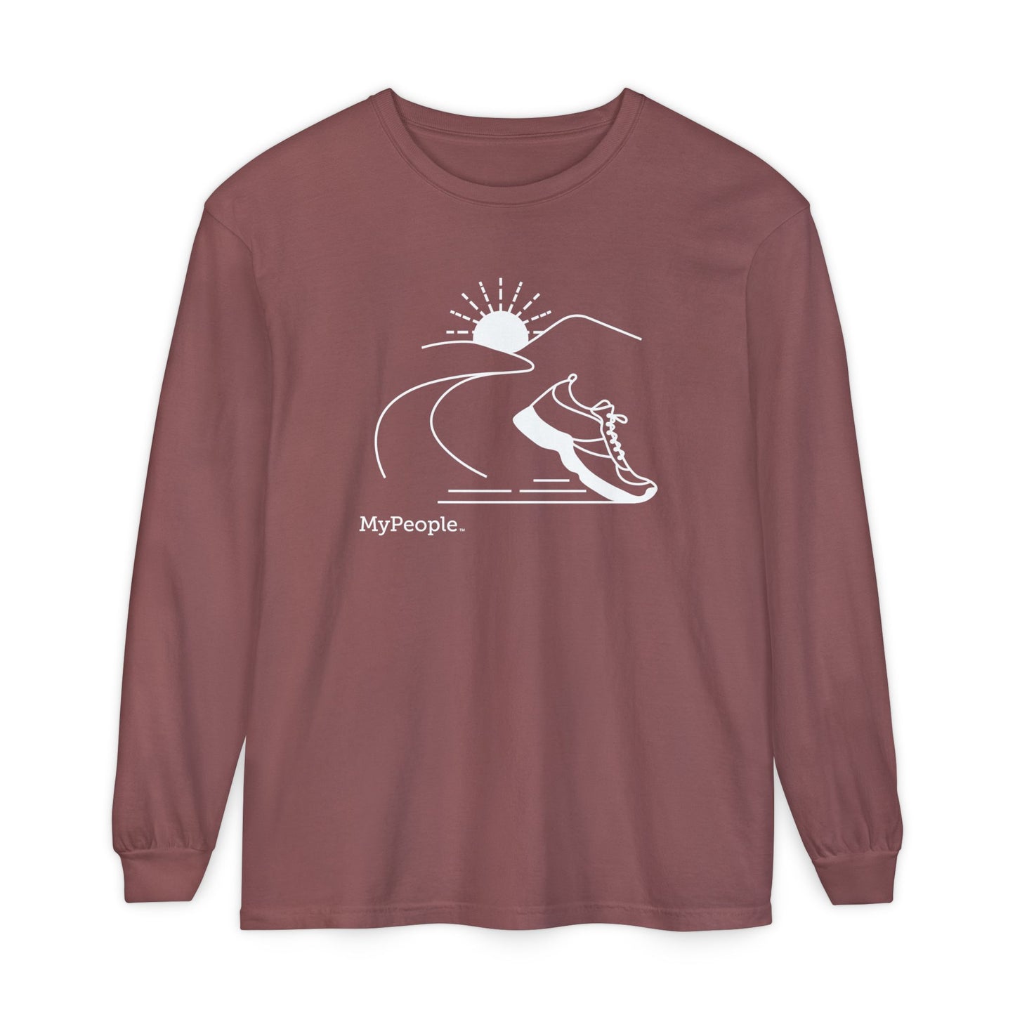 Line illustration of a running shoe with a road leading to mountains and a setting sun, with the word MyPeople underneath on a unisex garment.