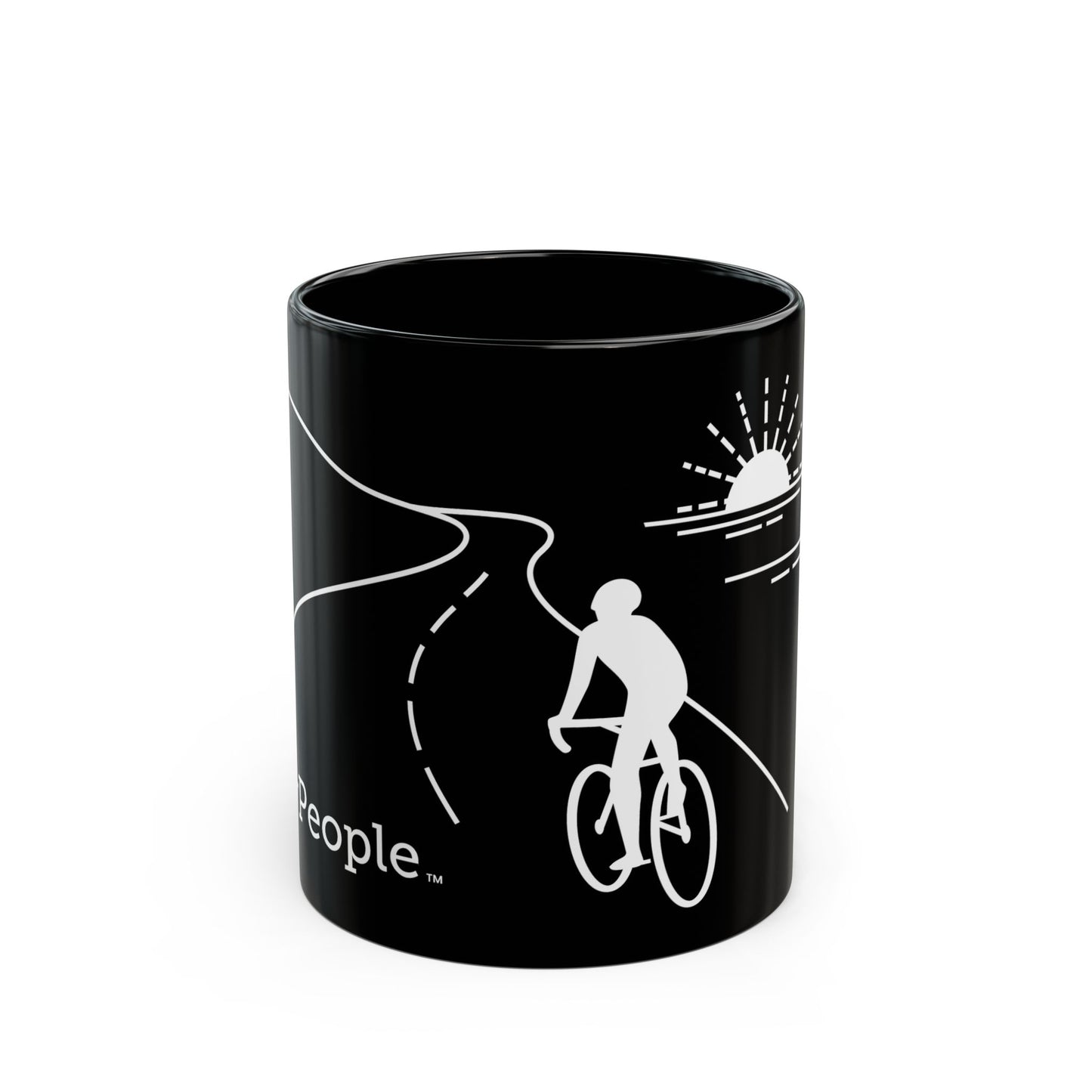 Line illustration of a road cyclist riding along a highway with the sun setting over the ocean, with the word MyPeople underneath printed on a ceramic mug.