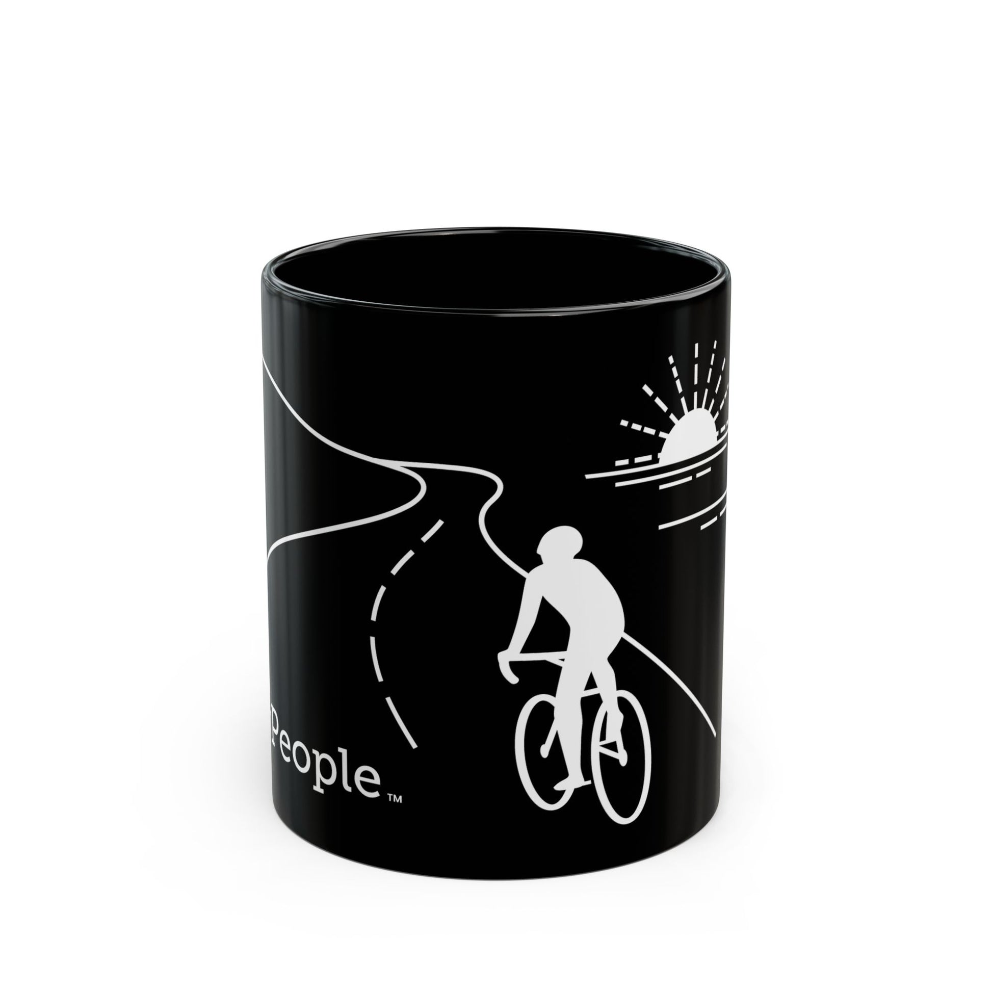 Line illustration of a road cyclist riding along a highway with the sun setting over the ocean, with the word MyPeople underneath printed on a ceramic mug.