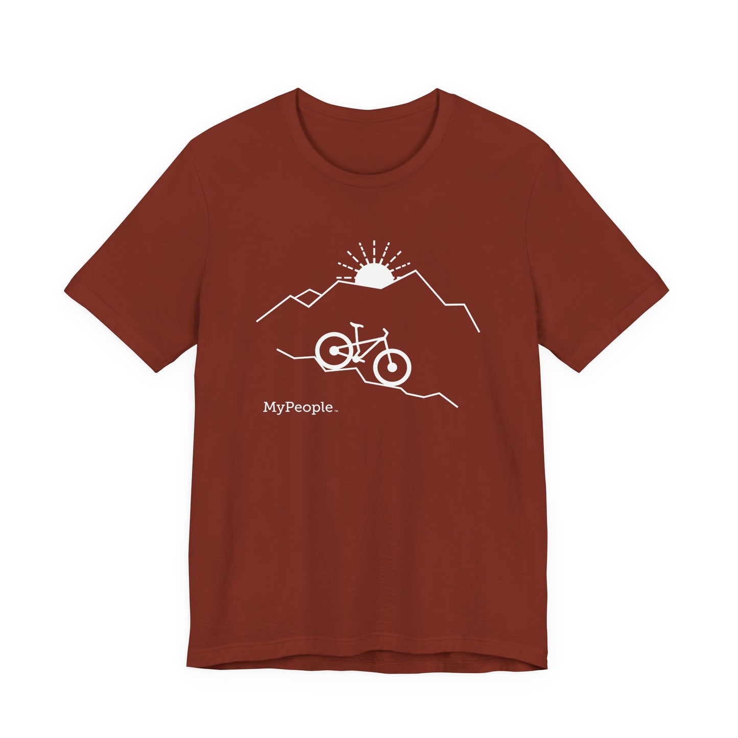 Line illustration of a mountain bike on a downhill slope with mountains and a setting sun, with the word MyPeople underneath on a unisex garment.