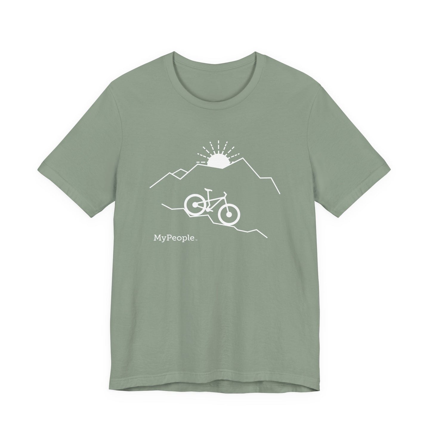Line illustration of a mountain bike on a downhill slope with mountains and a setting sun, with the word MyPeople underneath on a unisex garment.