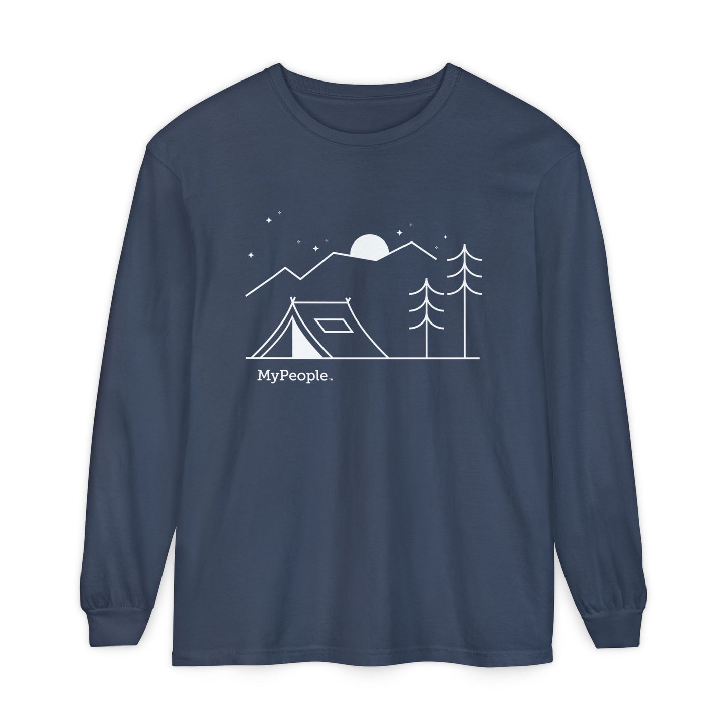 Line illustration of a tent beneath a tree with mountains, stars, and a moon, with the word MyPeople underneath on a unisex garment.