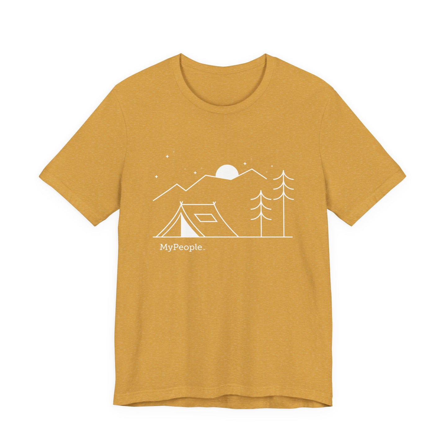 Line illustration of a tent beneath a tree with mountains, stars, and a moon, with the word MyPeople underneath on a unisex garment.