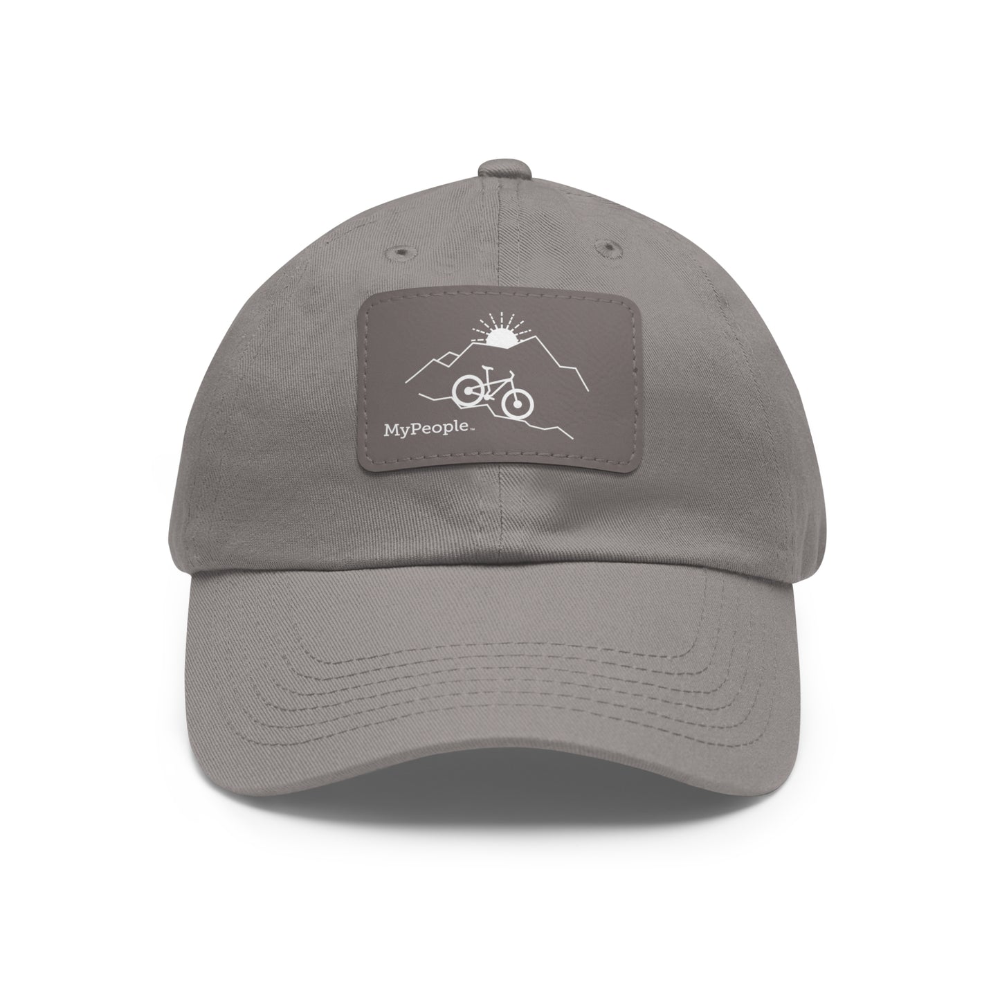 Hat with a leather patch printed with the MyPeople Mountain Biking line illustration.
