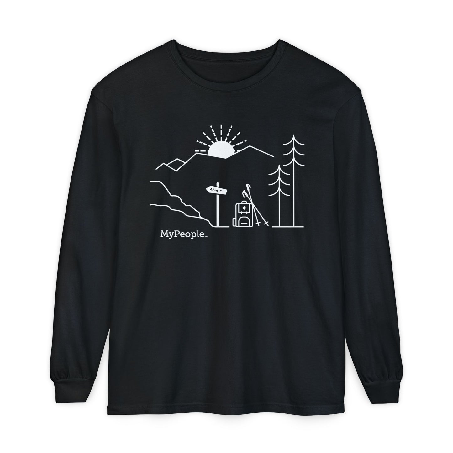 Line illustration of a backpack and hiking poles beside a trail sign, with a tree, mountains, and a setting sun, with the word MyPeople underneath on a unisex long-sleeve shirt.
