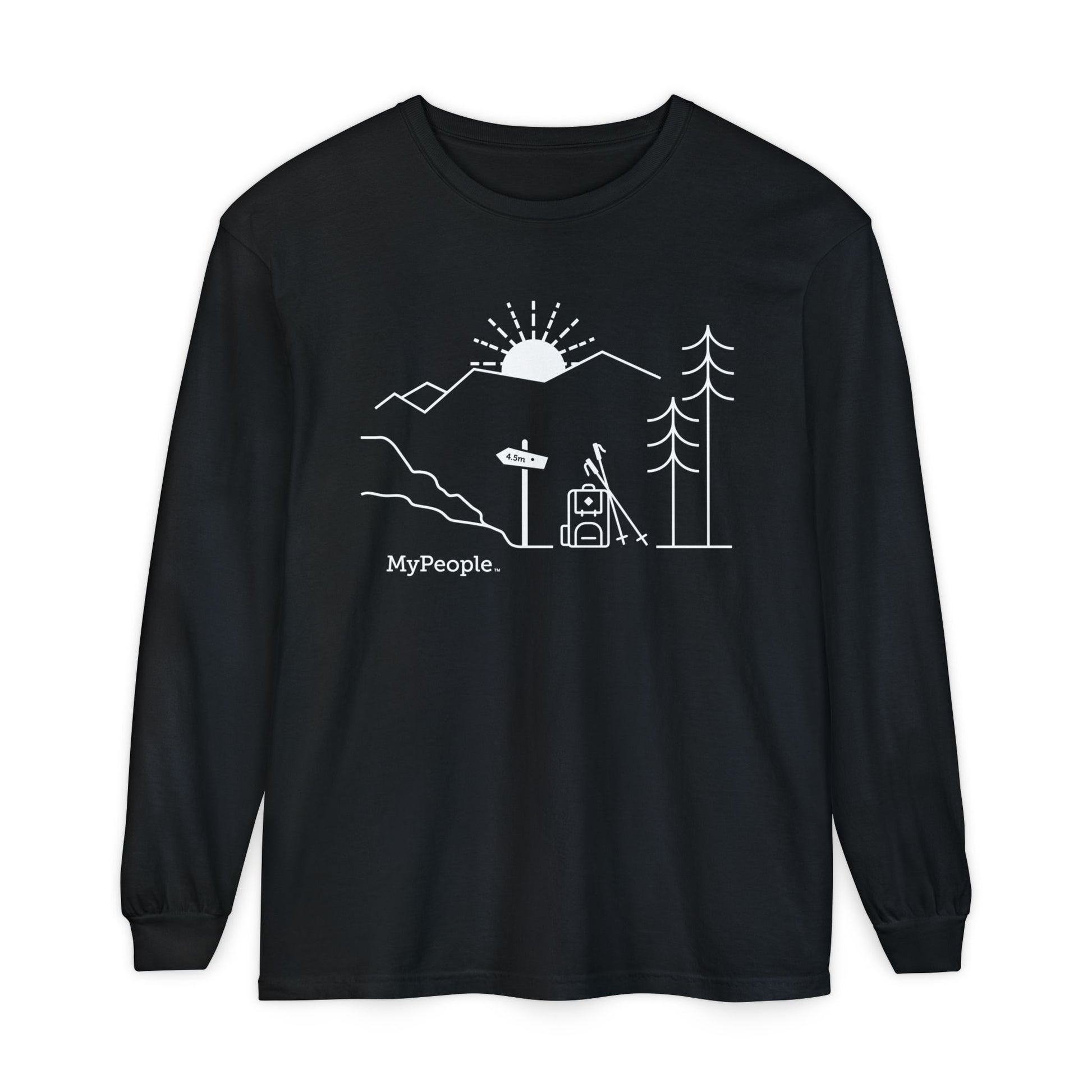 Line illustration of a backpack and hiking poles beside a trail sign, with a tree, mountains, and a setting sun, with the word MyPeople underneath on a unisex long-sleeve shirt.