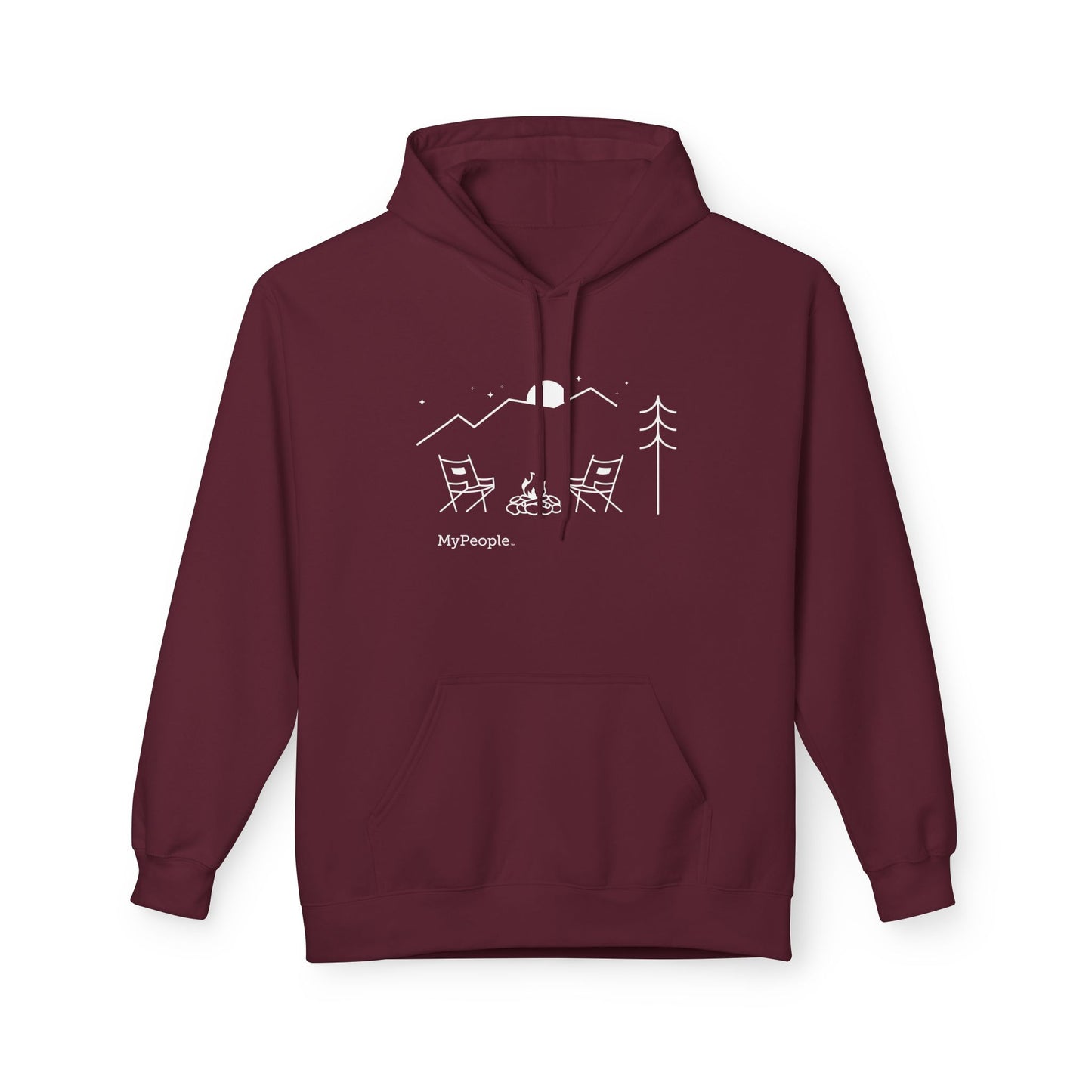 Line illustration of two chairs by a campfire under a tree with mountains and a night sky, with the word MyPeople underneath on a unisex garment.