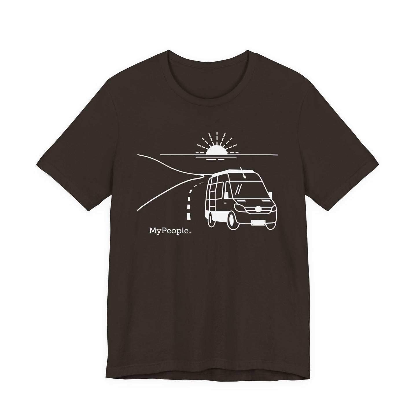 Line illustration of a camper van on a highway with a setting sun, with the word MyPeople underneath on a unisex garment.