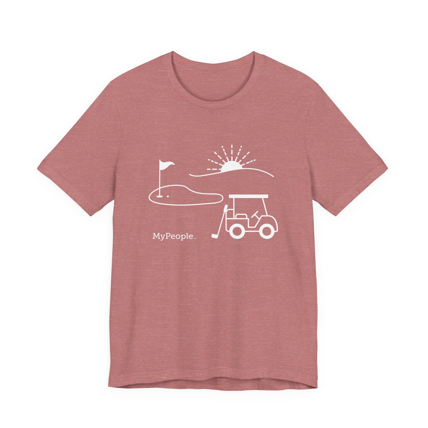 Line illustration of a golf cart, club, and green with a setting sun, with the word MyPeople underneath on a unisex garment.