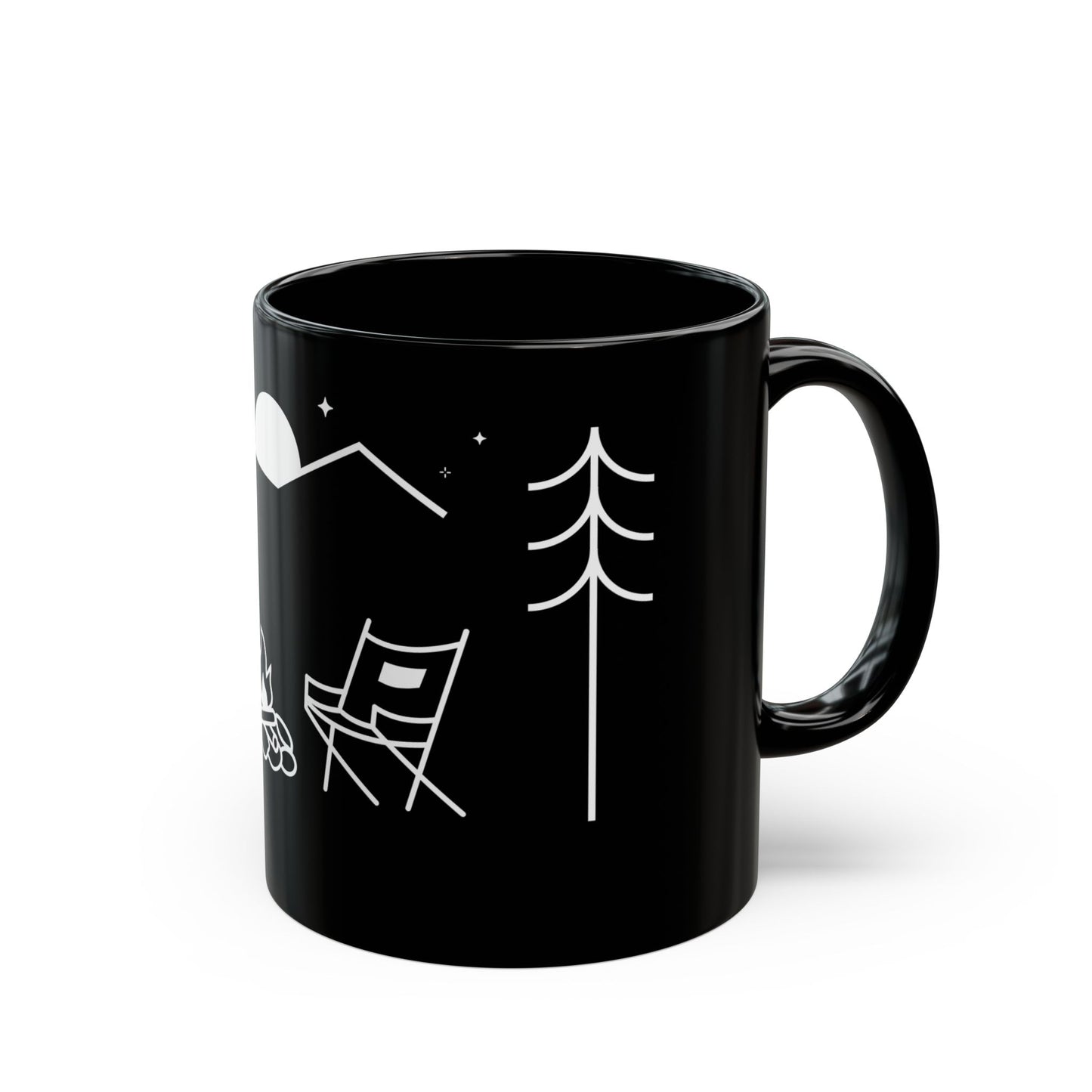Side view of a ceramic mug with the MyPeople Campfire line illustration, handle on the right.
