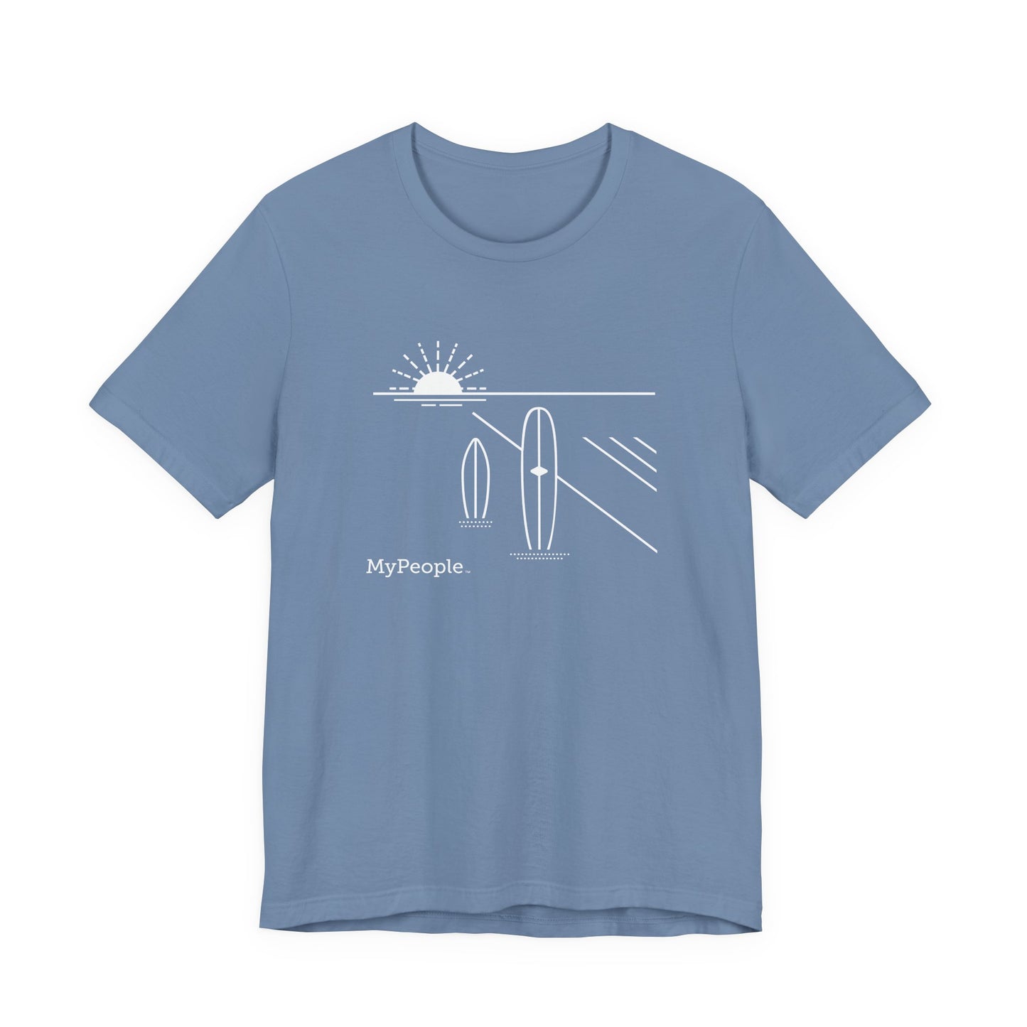 line illustration of two surfboards standing upright in the sand with a setting sun behind, with the word MyPeople underneath on a unisex t-shirt.