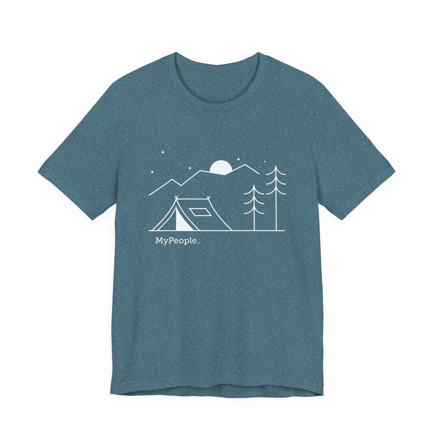 Line illustration of a tent beneath a tree with mountains, stars, and a moon, with the word MyPeople underneath on a unisex garment.