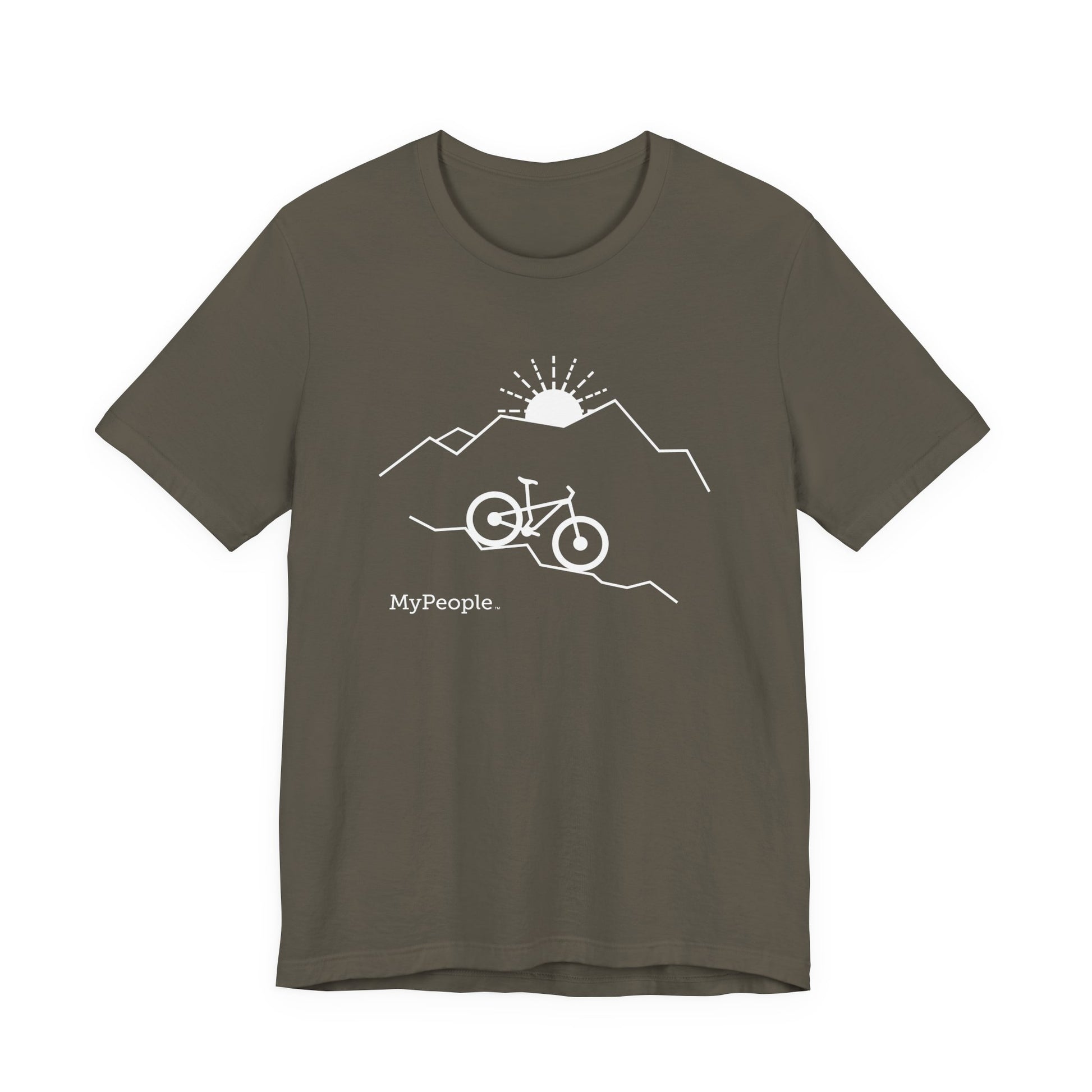 Line illustration of a mountain bike on a downhill slope with mountains and a setting sun, with the word MyPeople underneath on a unisex garment.