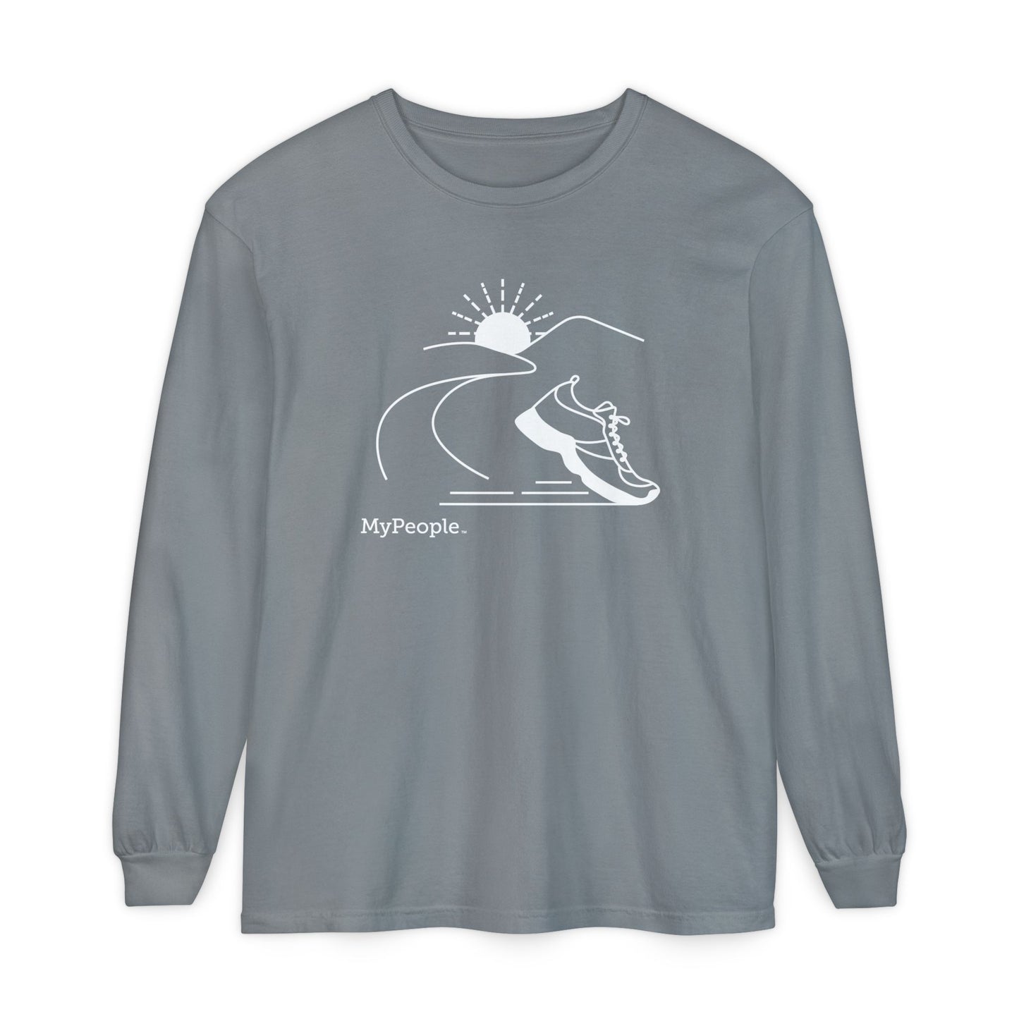 Line illustration of a running shoe with a road leading to mountains and a setting sun, with the word MyPeople underneath on a unisex garment.