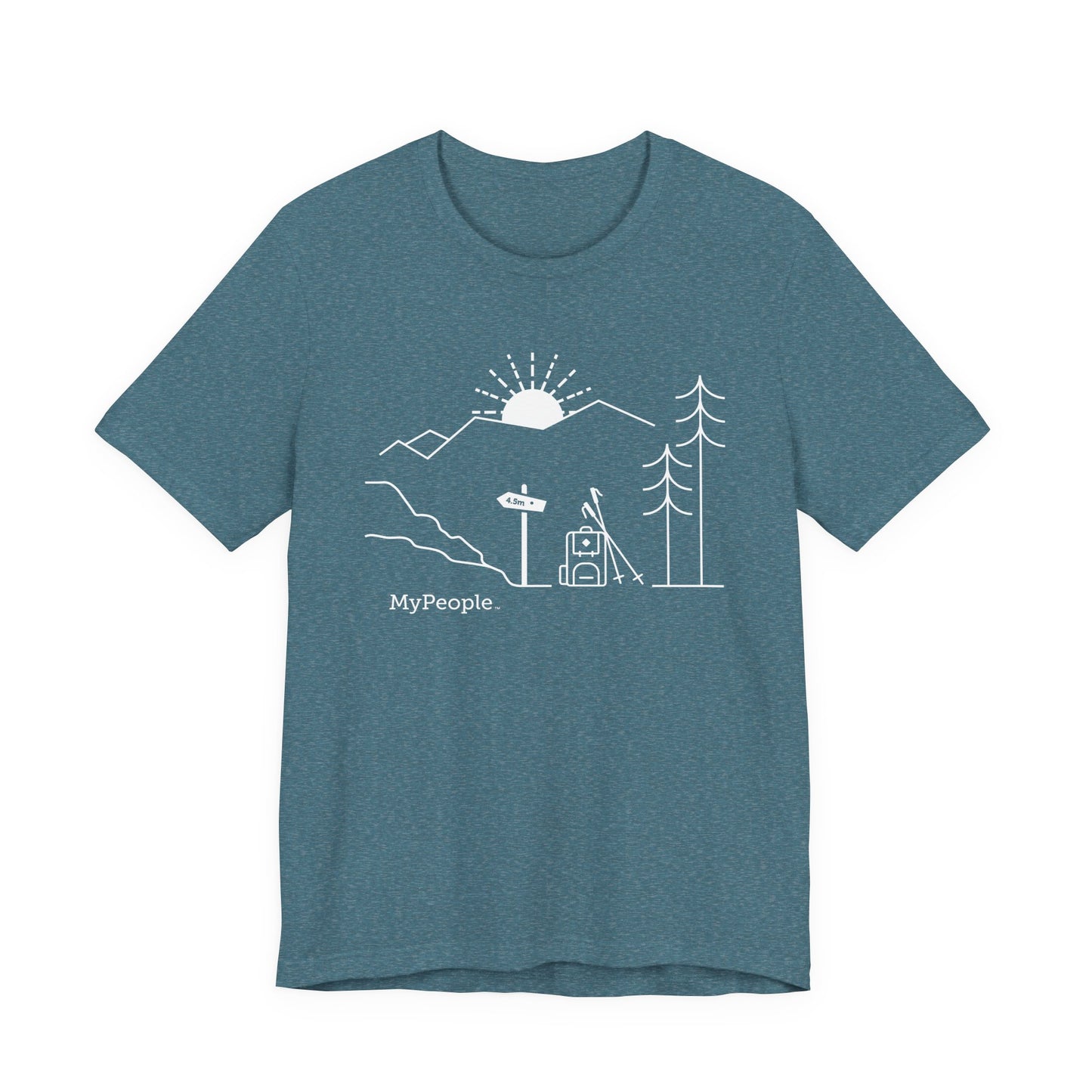 Line illustration of a backpack and hiking poles beside a trail sign with mountains and a setting sun, with the word MyPeople underneath on a unisex garment.