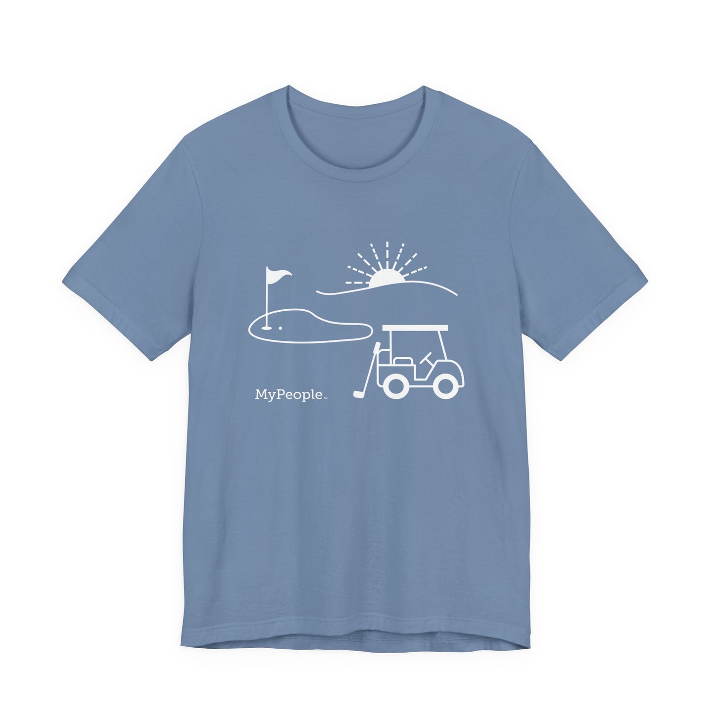 Line illustration of a golf cart, club, and green with a setting sun, with the word MyPeople underneath on a unisex garment.