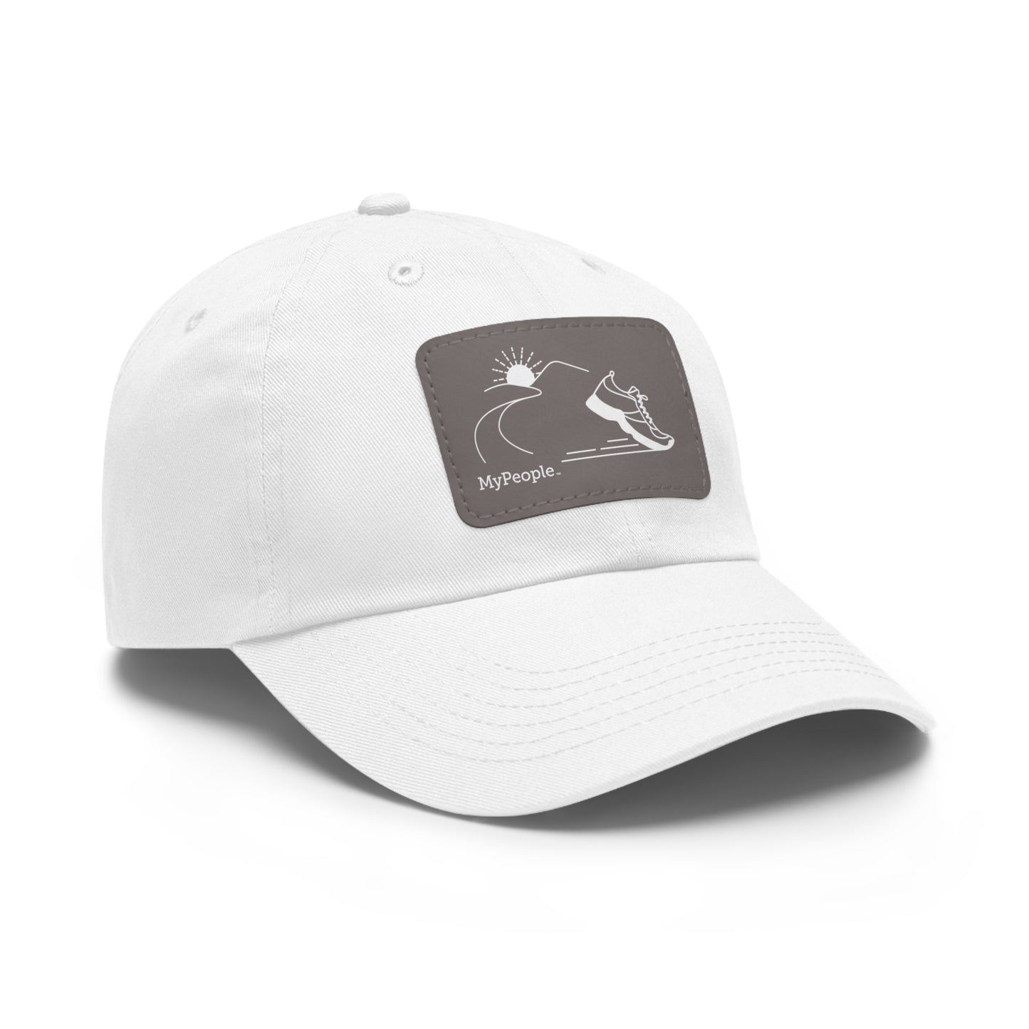 Angled view of a hat with a leather patch printed with the MyPeople Running line illustration.
