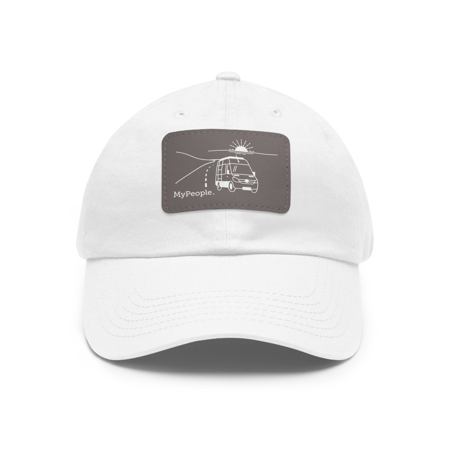 Hat with a leather patch printed with the MyPeople Van Life line illustration.
