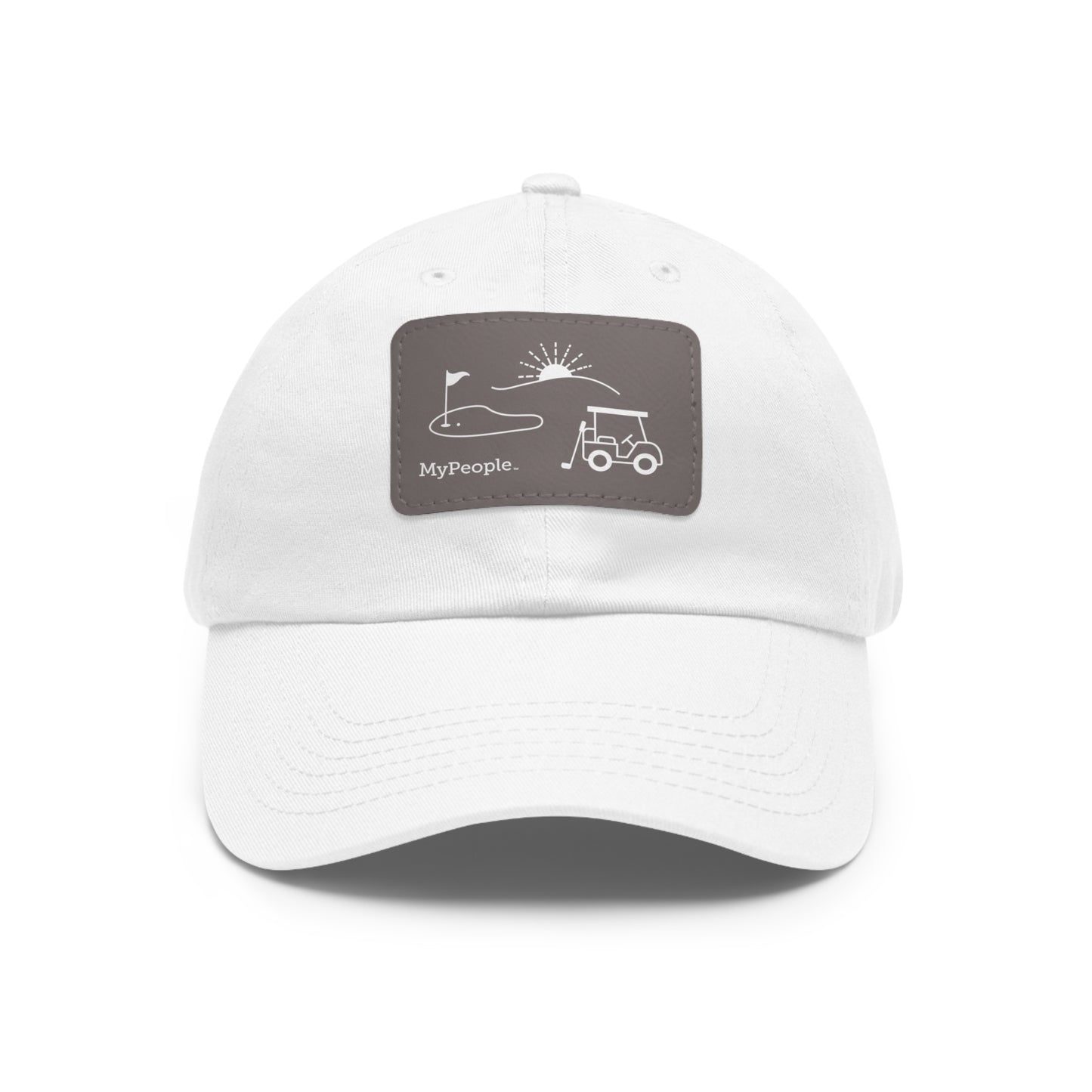 Hat with a leather patch printed with the MyPeople Golf line illustration.

