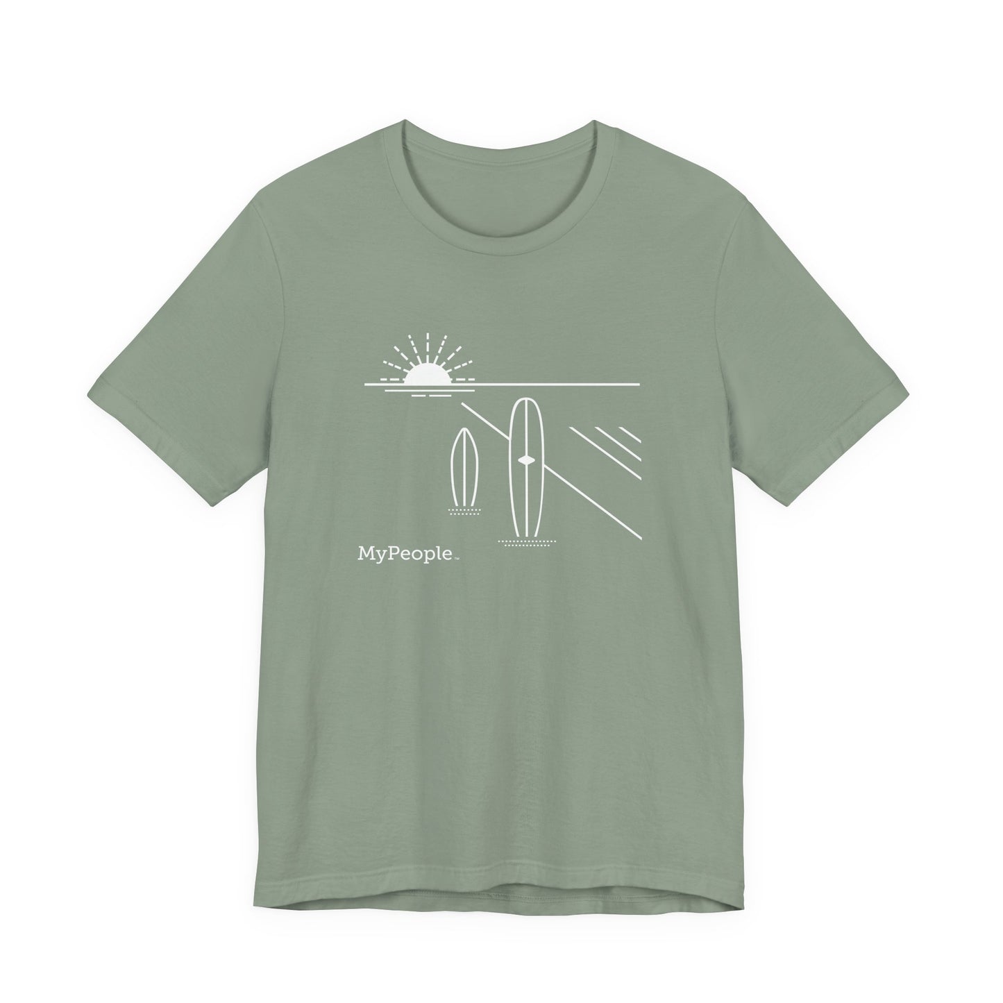 Line illustration of two surfboards standing upright in the sand with a setting sun, with the word MyPeople underneath on a unisex garment.