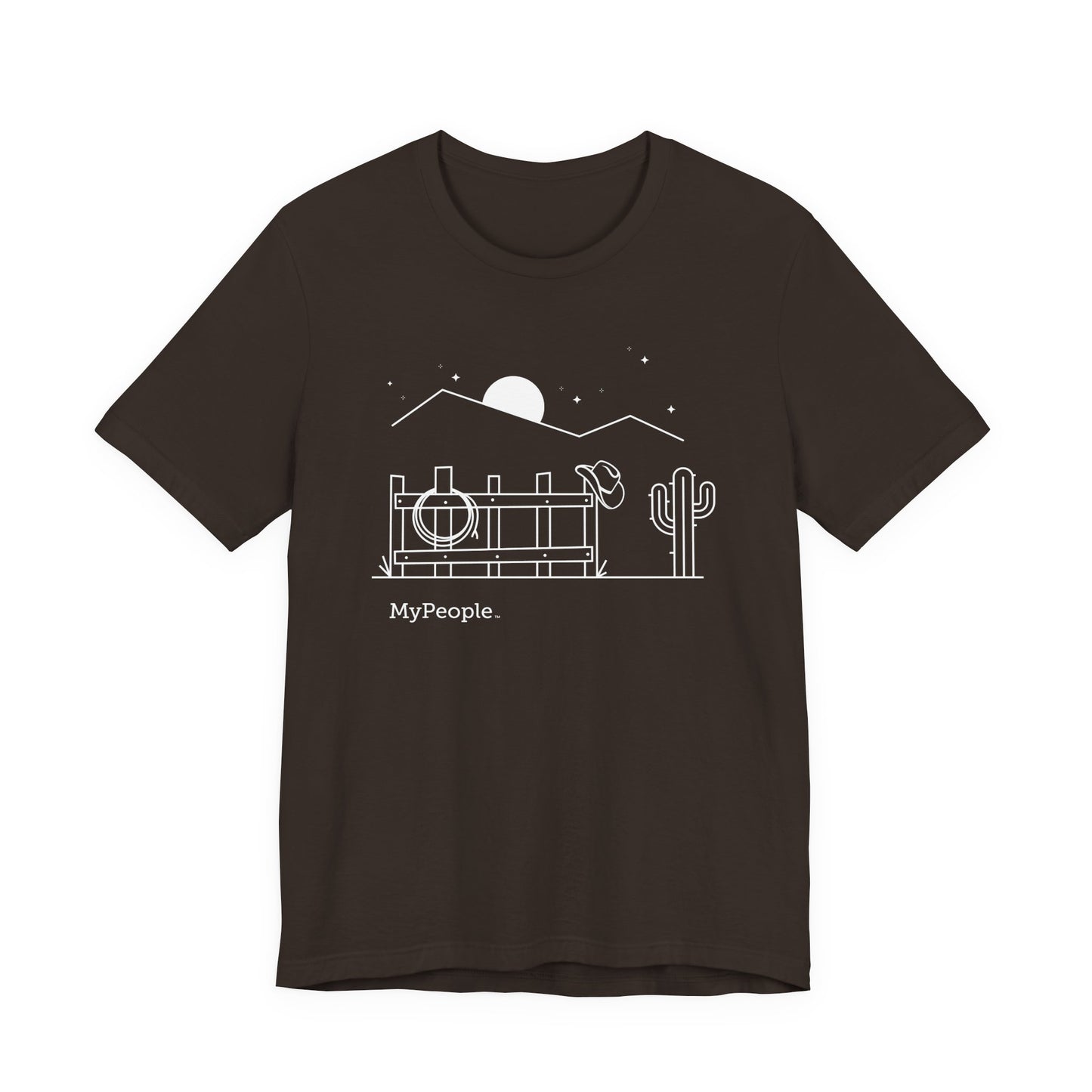 Line illustration of a fence with a cowboy hat, rope, and boots under a night sky, with the word MyPeople underneath on a unisex garment.