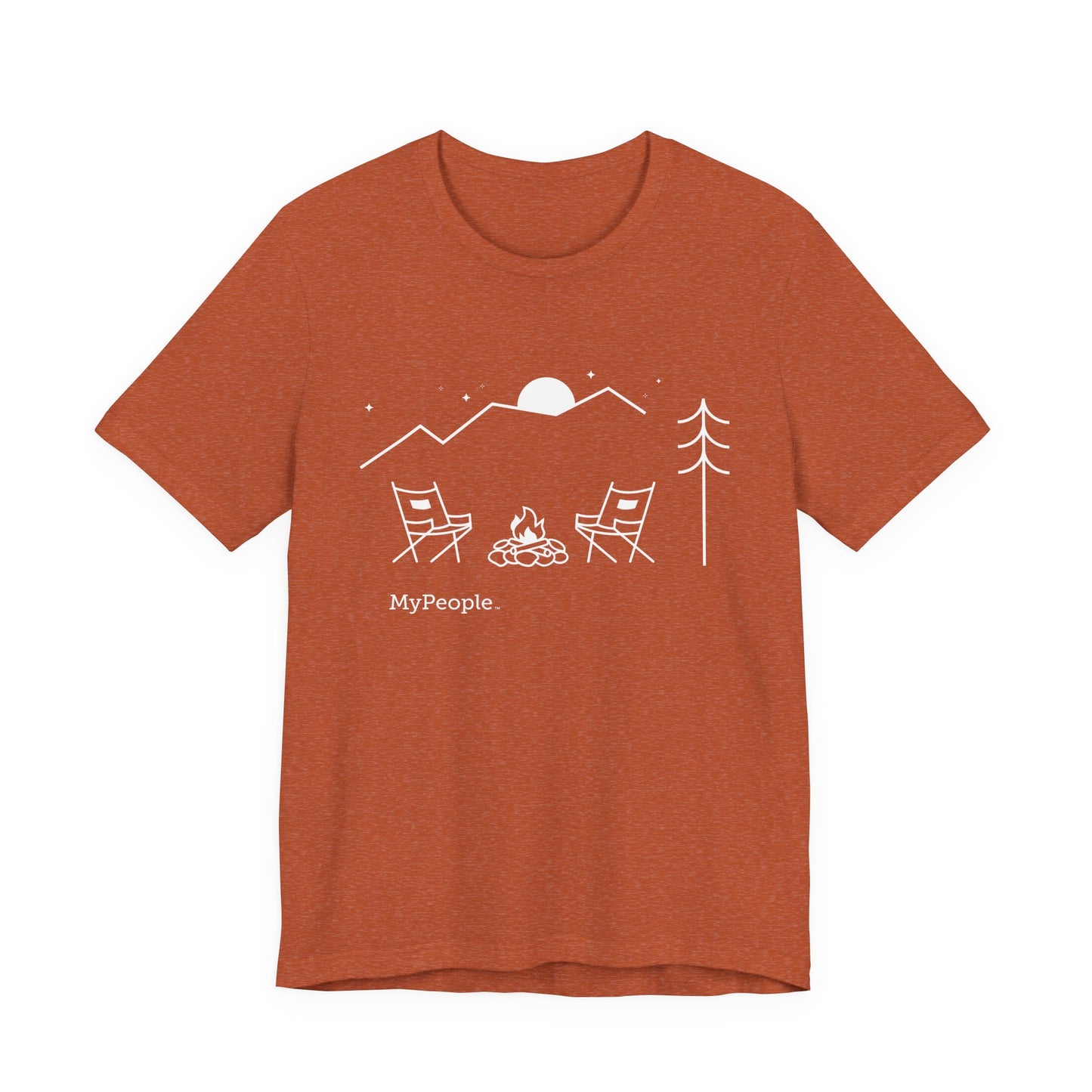 Line illustration of two chairs by a campfire under a tree with mountains and a night sky, with the word MyPeople underneath on a unisex garment.