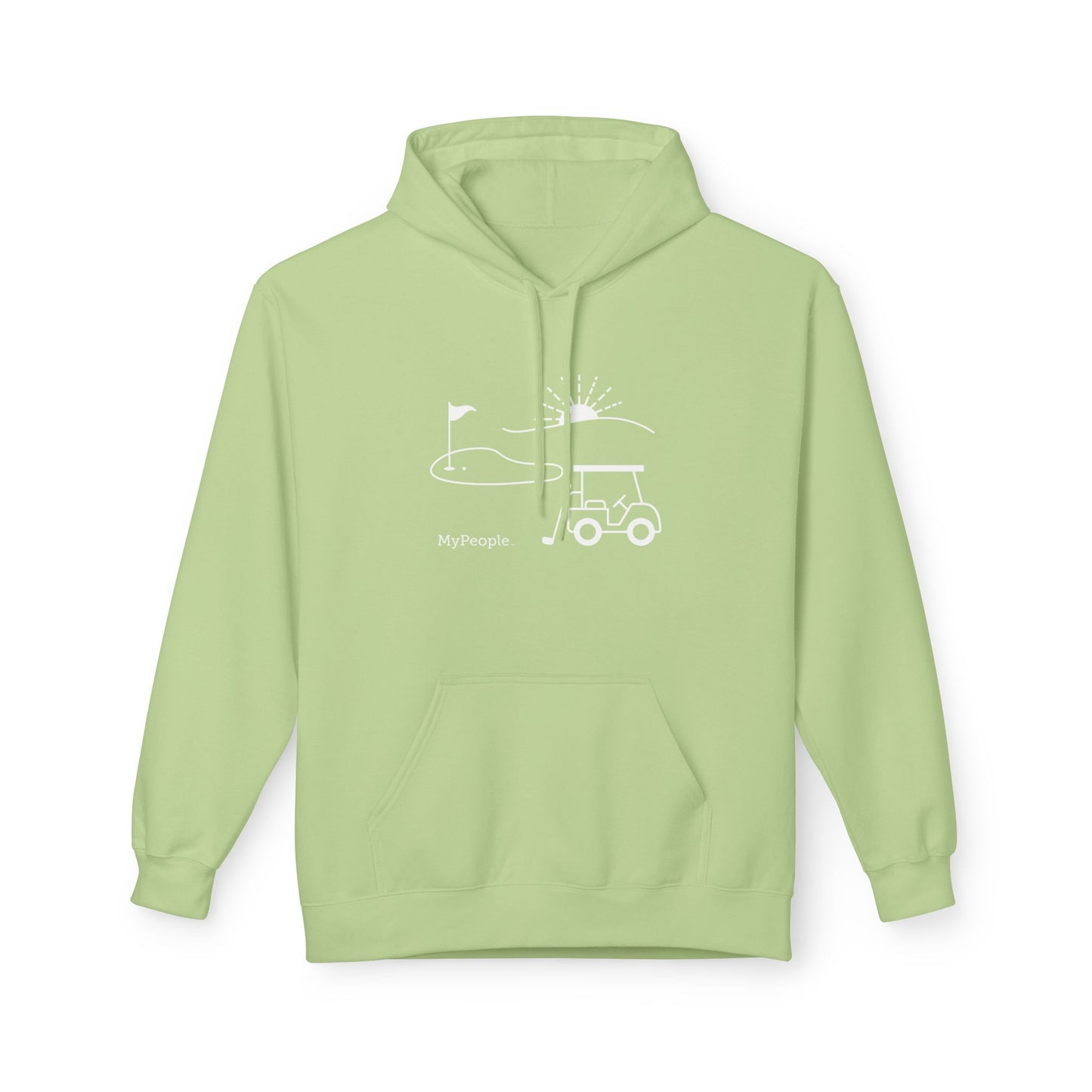 Line illustration of a golf cart, club, and green with a setting sun, with the word MyPeople underneath on a unisex garment.