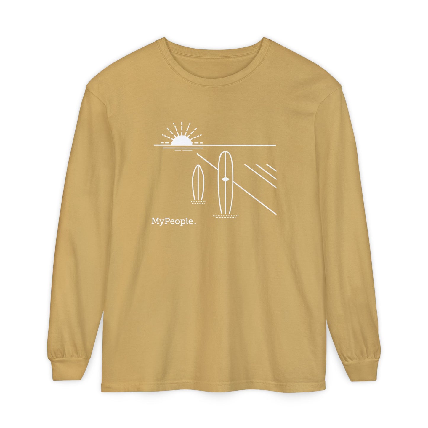 Line illustration of two surfboards standing upright in the sand with a setting sun, with the word MyPeople underneath on a unisex garment.
