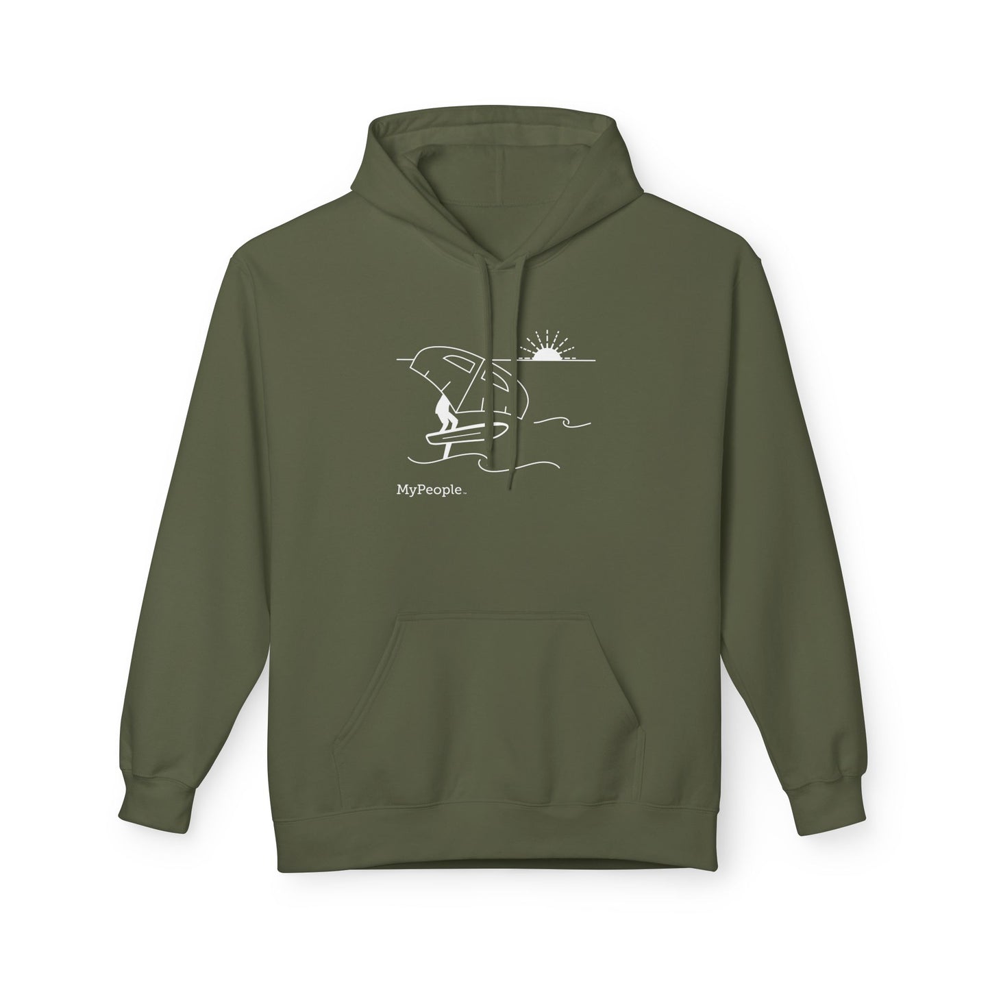 Line illustration of a person wing foiling on the water with a setting sun, with the word MyPeople underneath on a unisex garment.