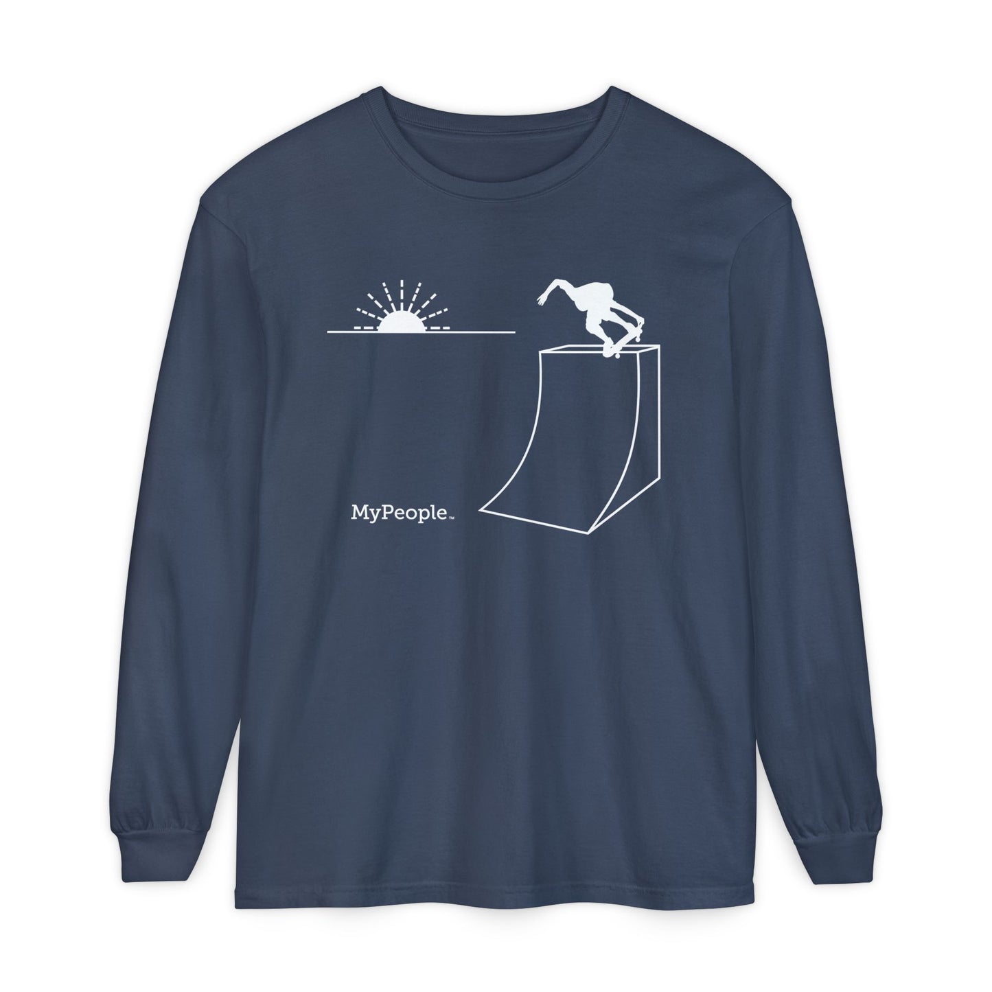 Line illustration of a skater on a ramp with a setting sun, with the word MyPeople underneath on a unisex garment.
