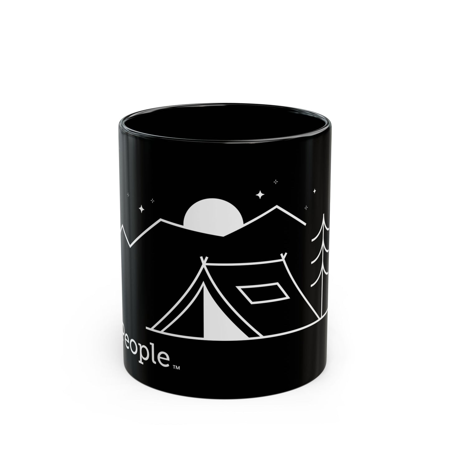 Line illustration of a small tent beside a tree with mountains, stars, and a moon in the night sky, with the word MyPeople underneath printed on a ceramic mug.
