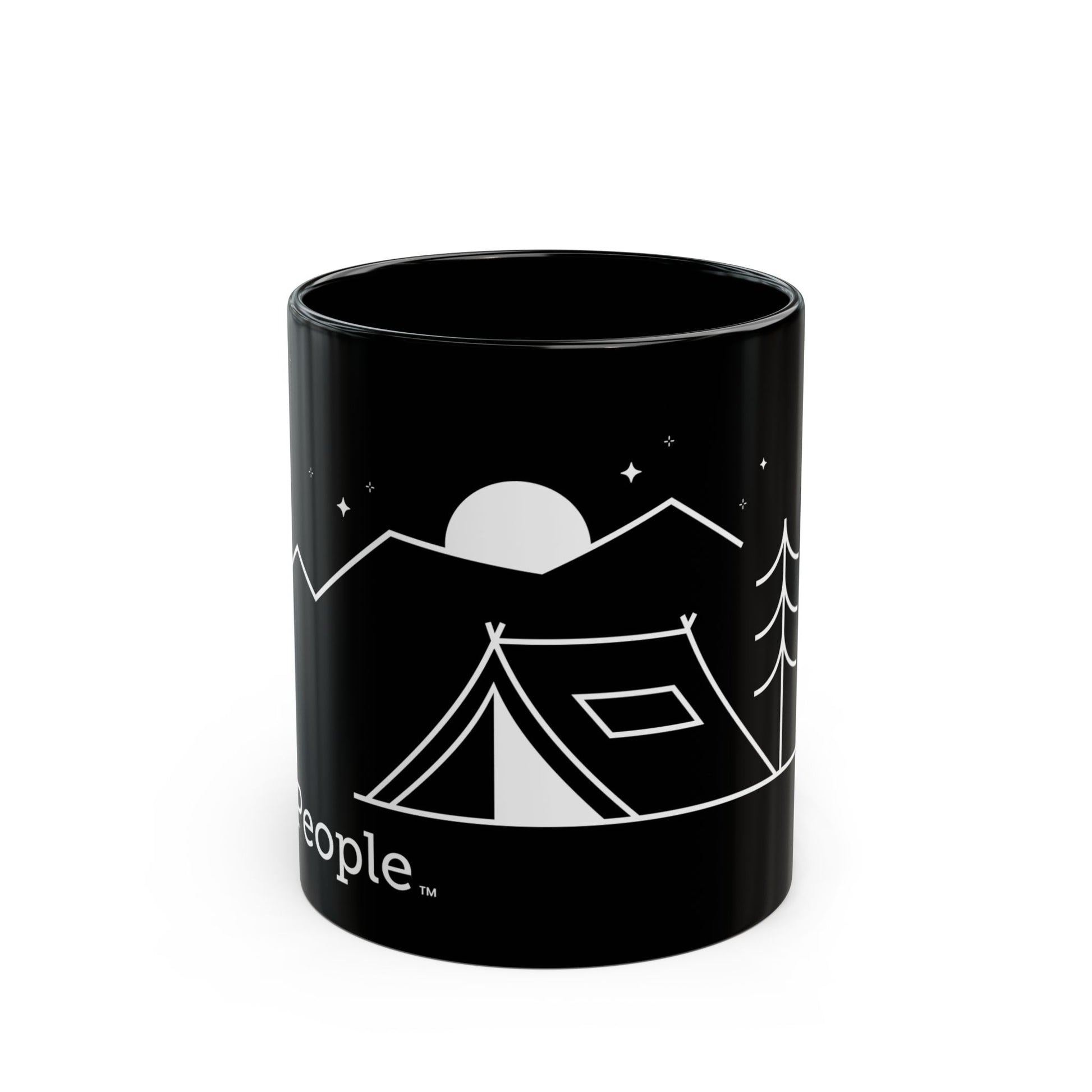 Line illustration of a small tent beside a tree with mountains, stars, and a moon in the night sky, with the word MyPeople underneath printed on a ceramic mug.
