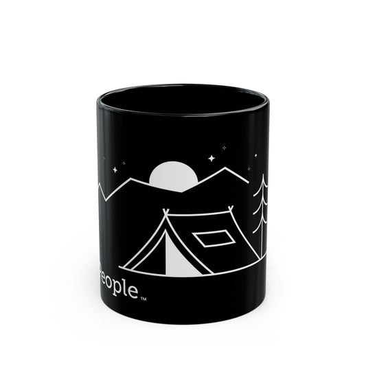 Line illustration of a small tent beside a tree with mountains, stars, and a moon in the night sky, with the word MyPeople underneath printed on a ceramic mug.
