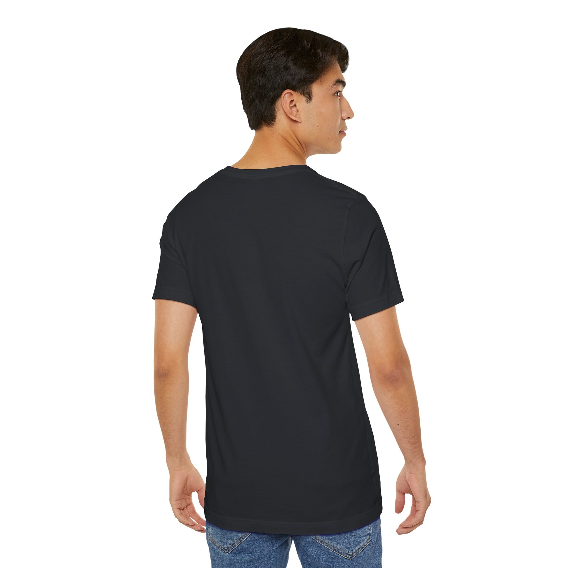 Person wearing a unisex t-shirt showing the back view with no design.
