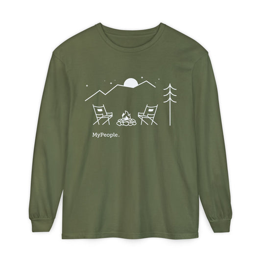 Line illustration of two chairs by a campfire under a tree with mountains and a night sky, with the word MyPeople underneath on a unisex garment.