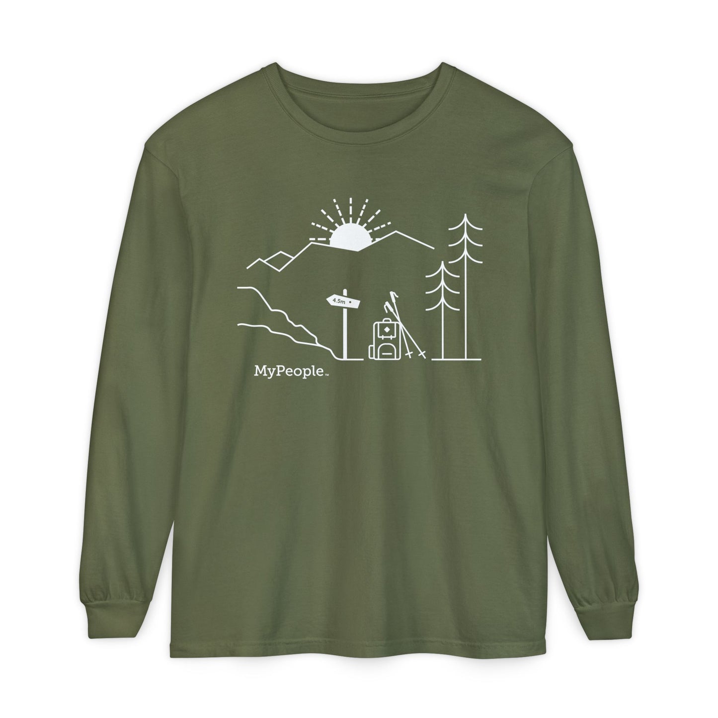 Line illustration of a backpack and hiking poles beside a trail sign with mountains and a setting sun, with the word MyPeople underneath on a unisex garment.