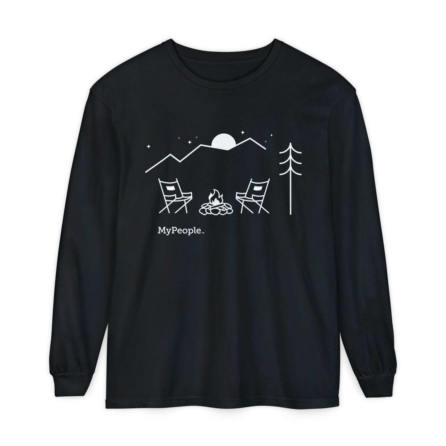 Line illustration of two chairs by a campfire under a tree, with mountains, stars, and a moon in the night sky, with the word MyPeople underneath on a unisex long-sleeve shirt.