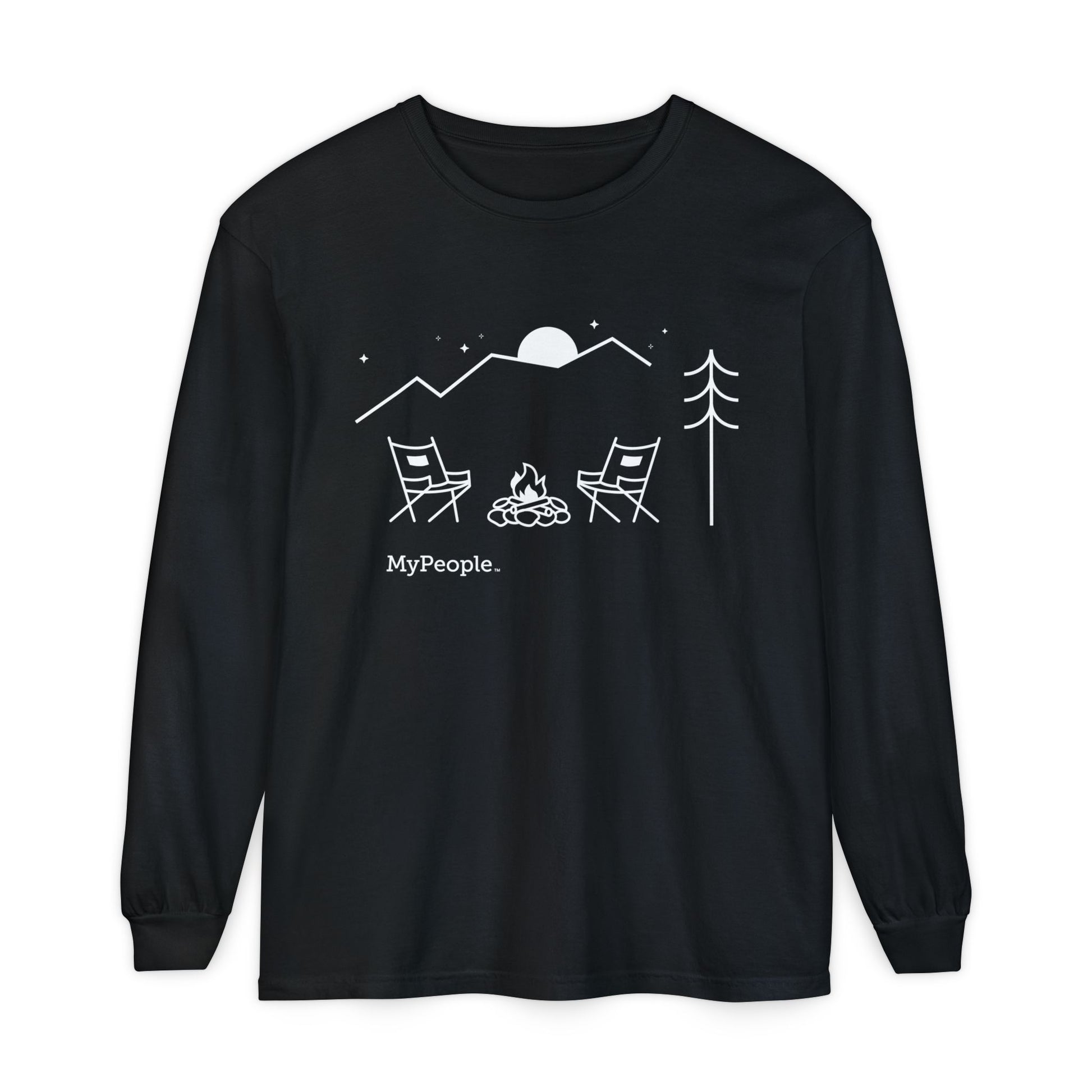 Line illustration of two chairs by a campfire under a tree, with mountains, stars, and a moon in the night sky, with the word MyPeople underneath on a unisex long-sleeve shirt.