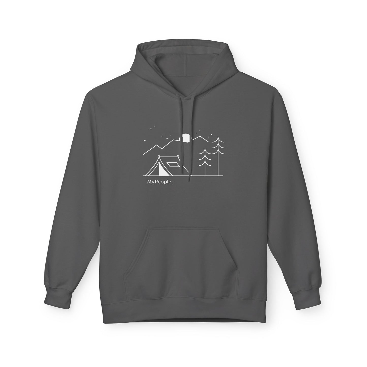 Line illustration of a tent beneath a tree with mountains, stars, and a moon, with the word MyPeople underneath on a unisex garment.